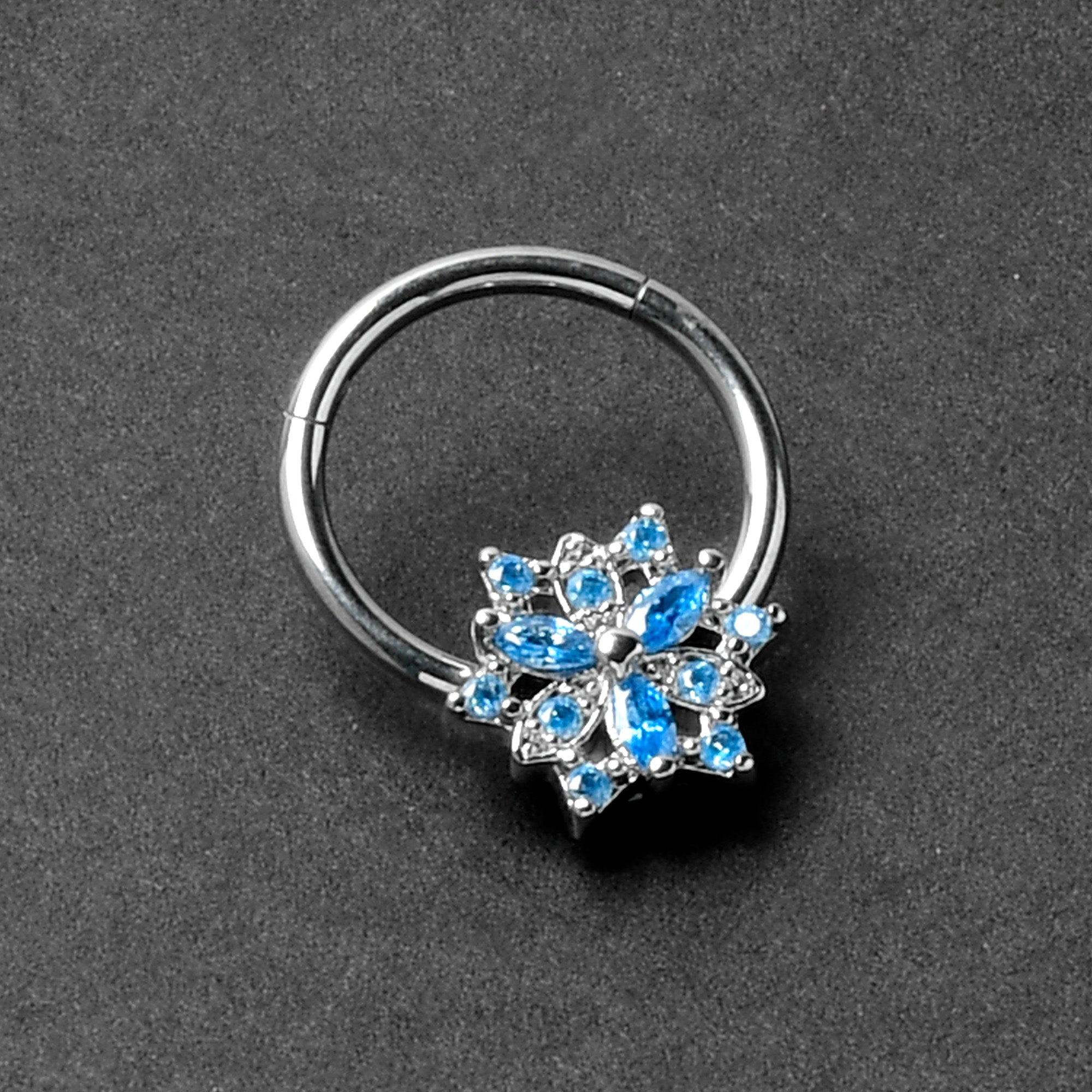 16G 3/8 Blue CZ Gem Snowflake Style Hinged Segment Ring