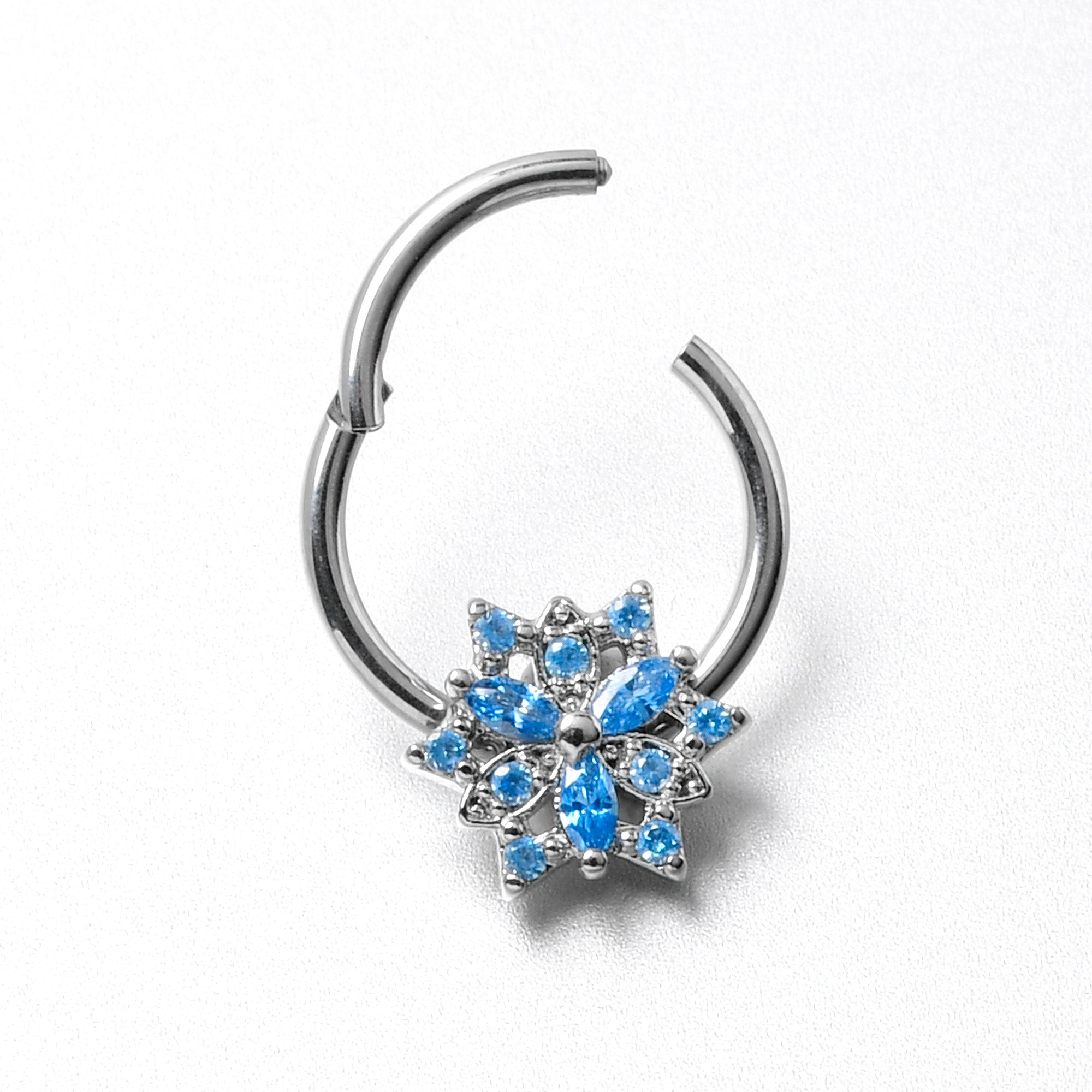 16G 3/8 Blue CZ Gem Snowflake Style Hinged Segment Ring