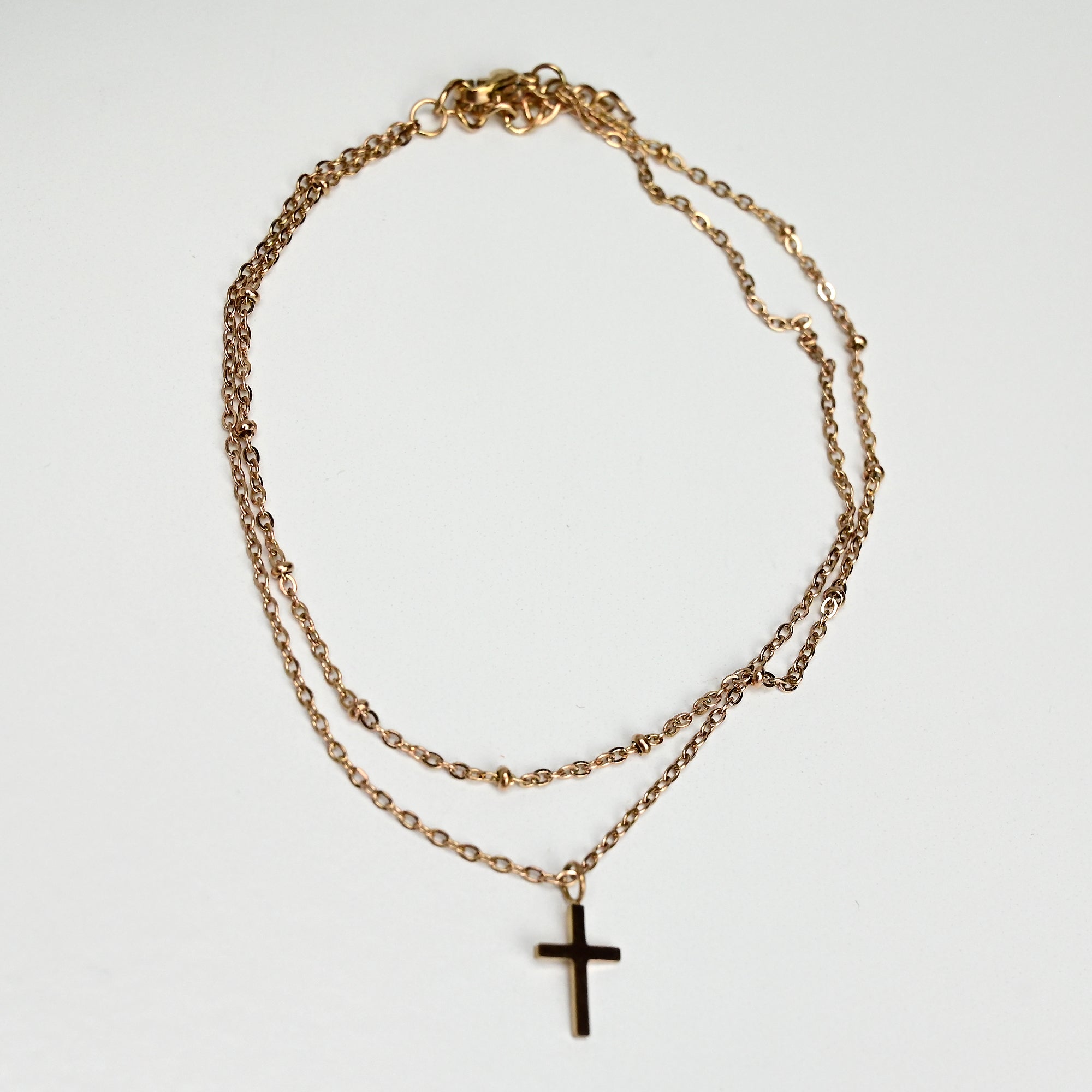 Rose Gold Tone Cross Dangle Double Wrap Stainless Steel Ankle Bracelet