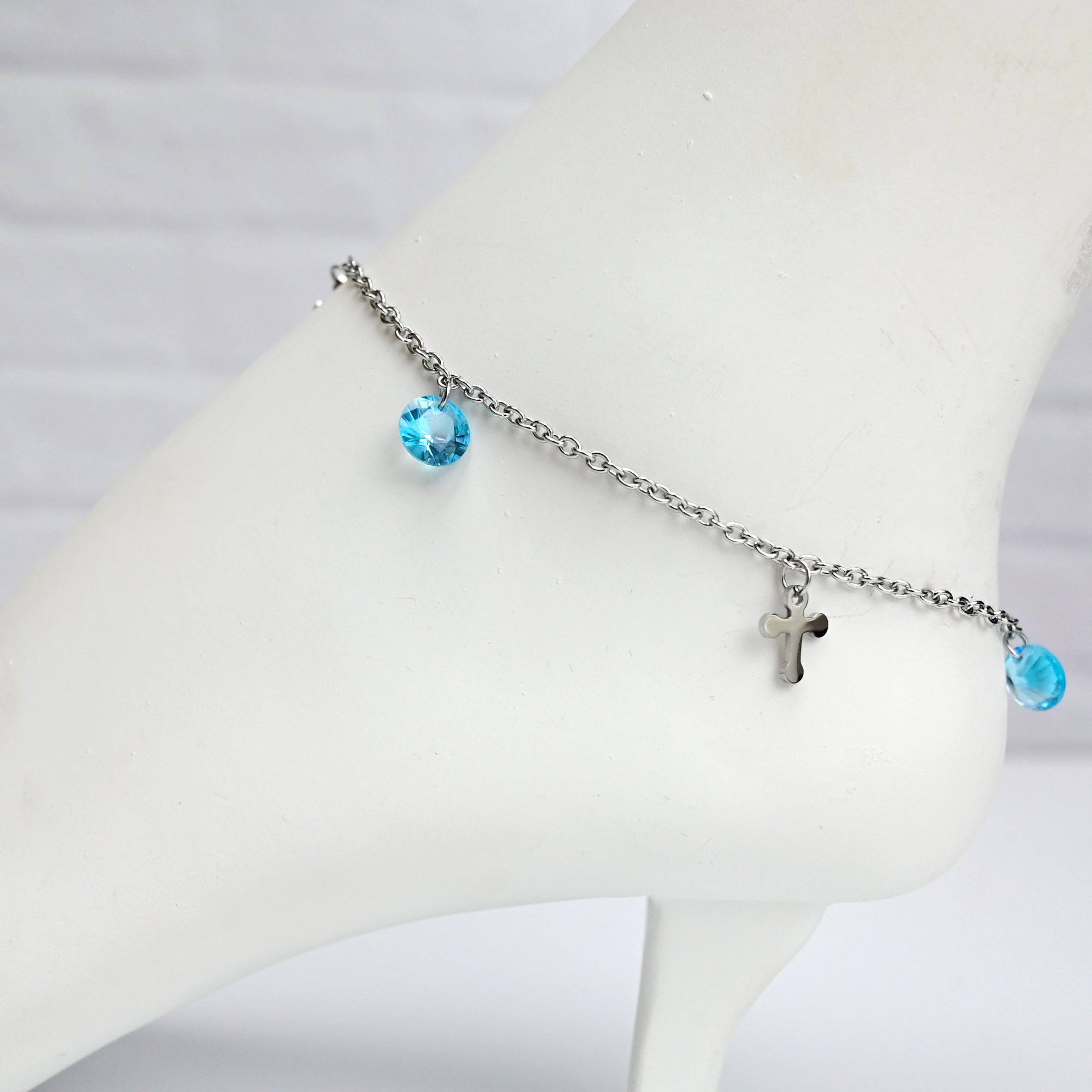 Blue Gem Cross Dangle Stainless Steel Ankle Bracelet