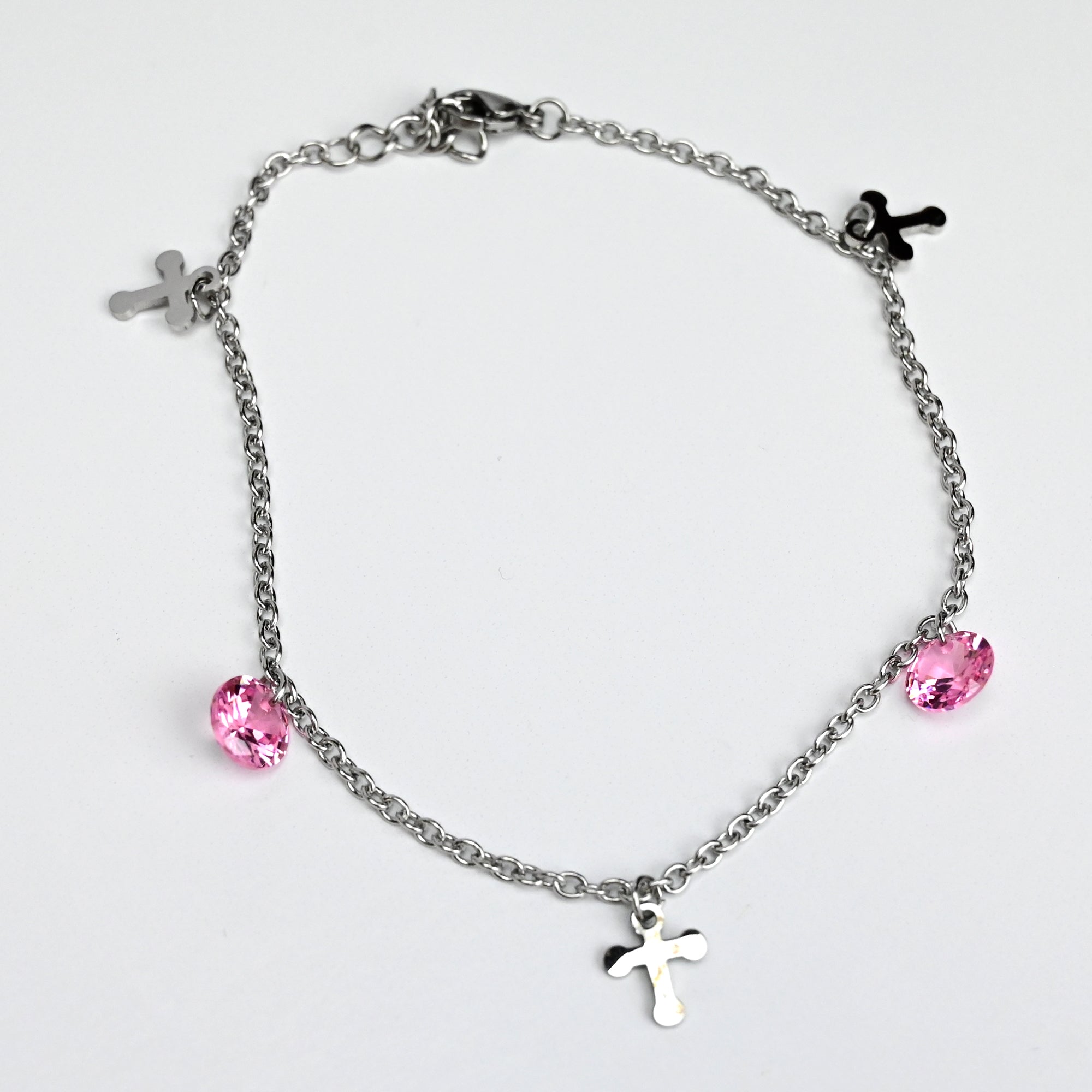 Pink Gem Cross Dangle Steel Ankle Bracelet