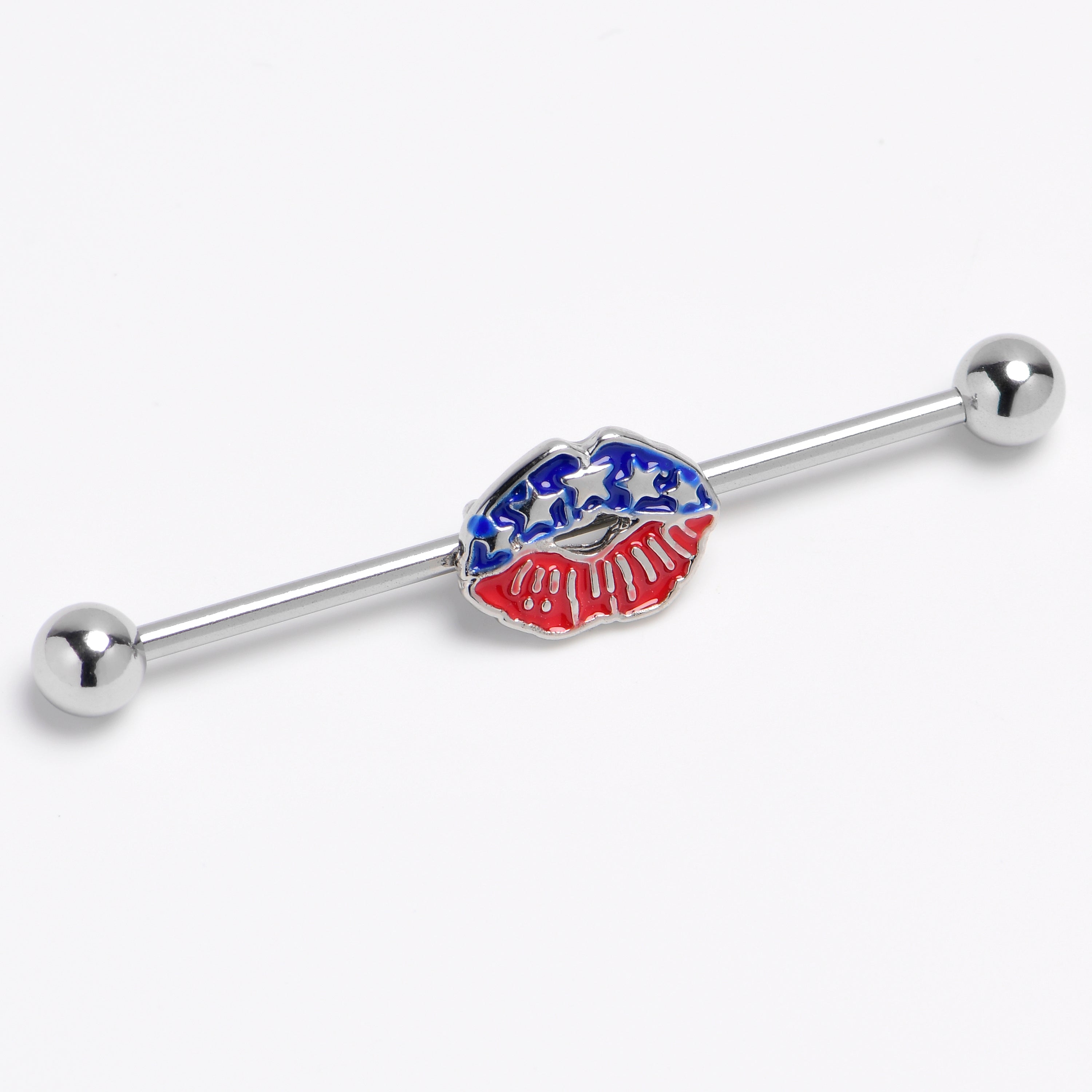 14G Patriotic Kissy Lips Inlay Industrial Barbell 38mm