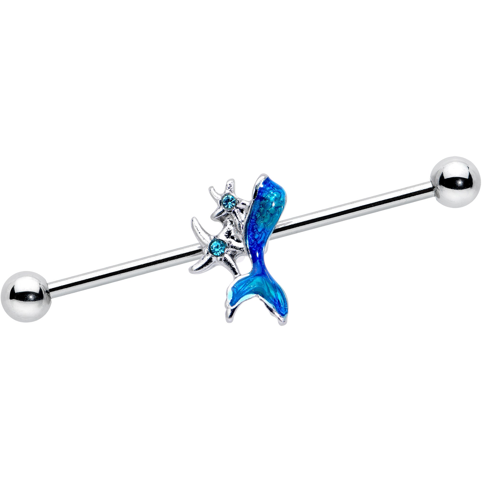 14G Blue Gem Blue Mermaid Tail Star Industrial Barbell 38mm