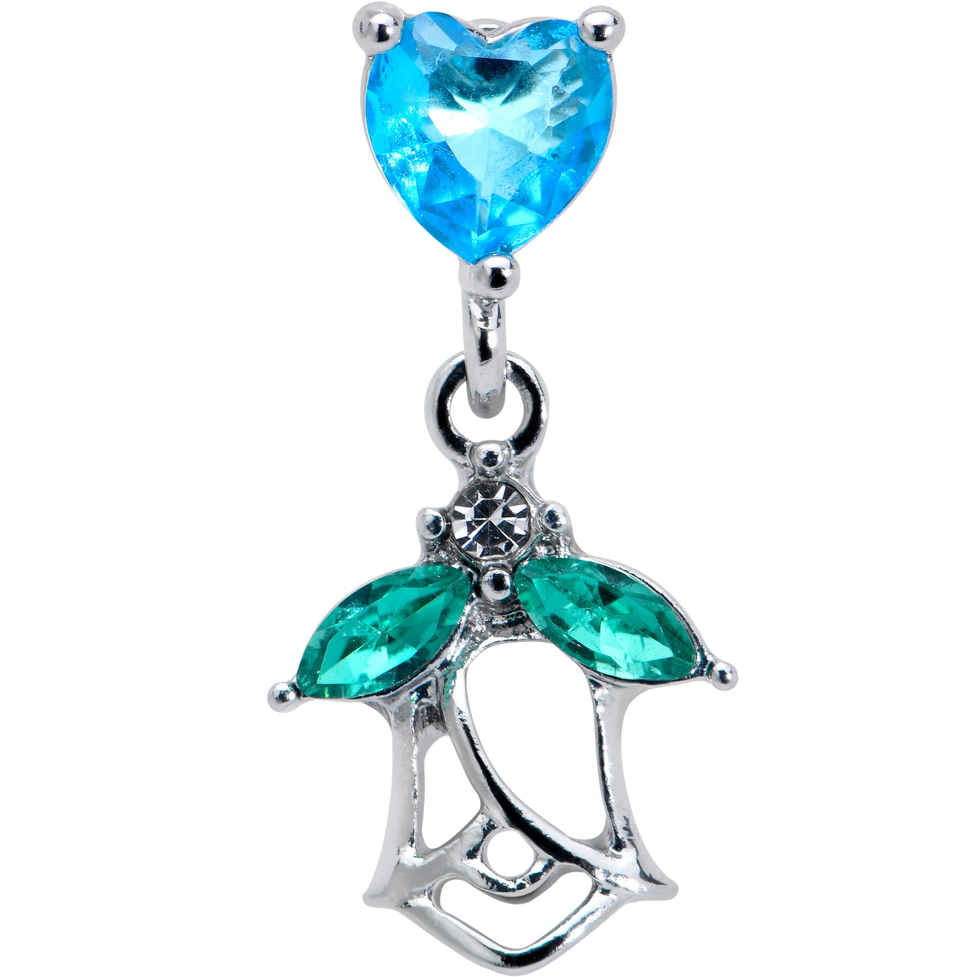 16G 1/4 Blue CZ Gem Heart And Rose Dangle Cartilage Earring