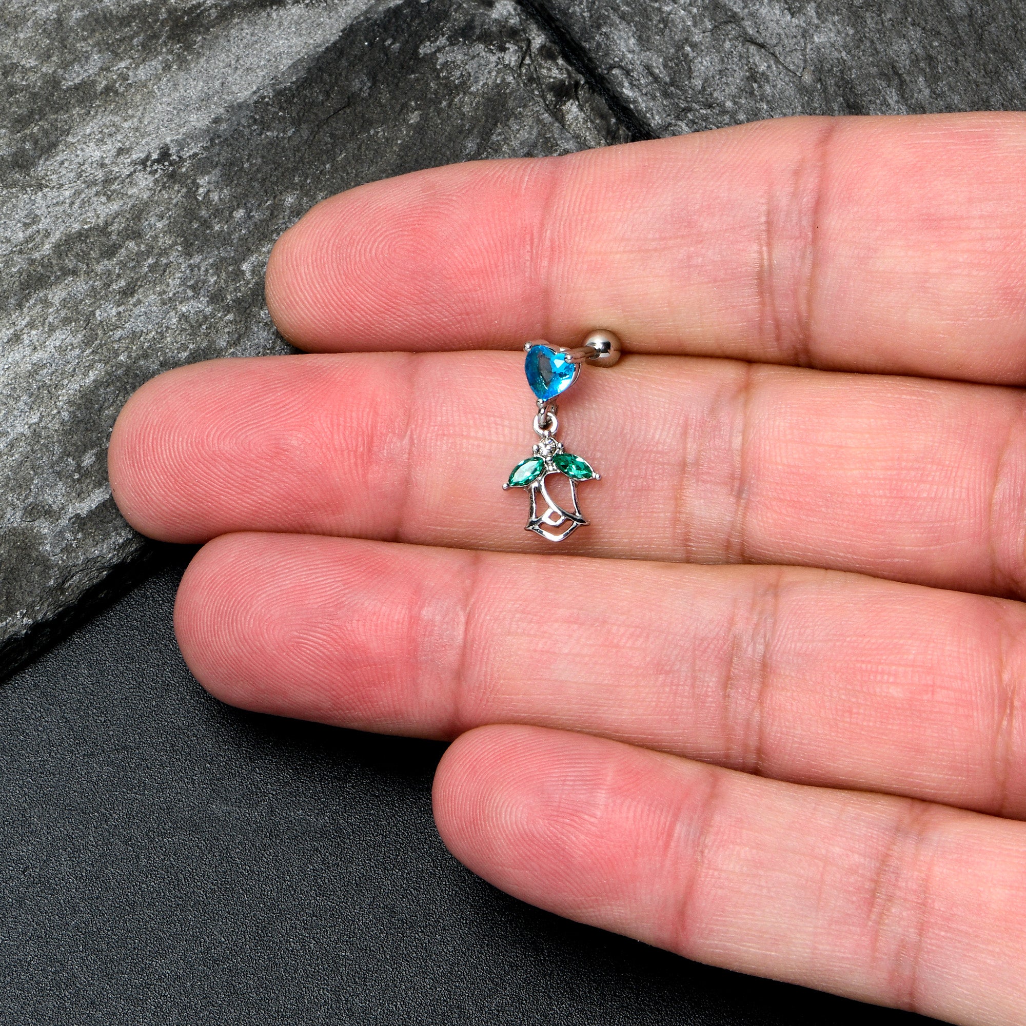 16G 1/4 Blue CZ Gem Heart And Rose Dangle Cartilage Earring