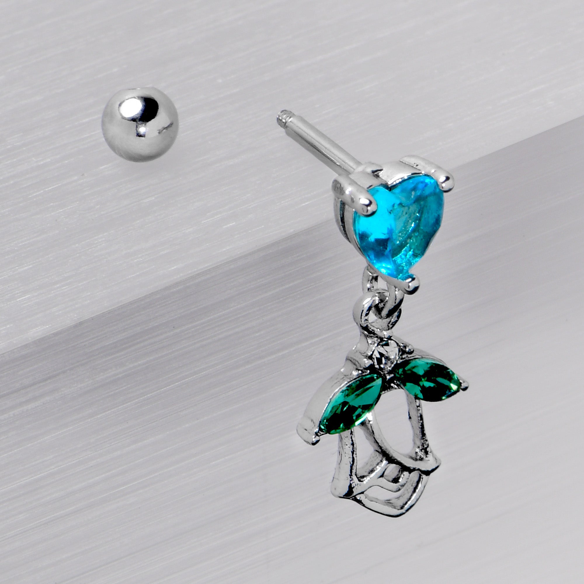16G 1/4 Blue CZ Gem Heart And Rose Dangle Cartilage Earring