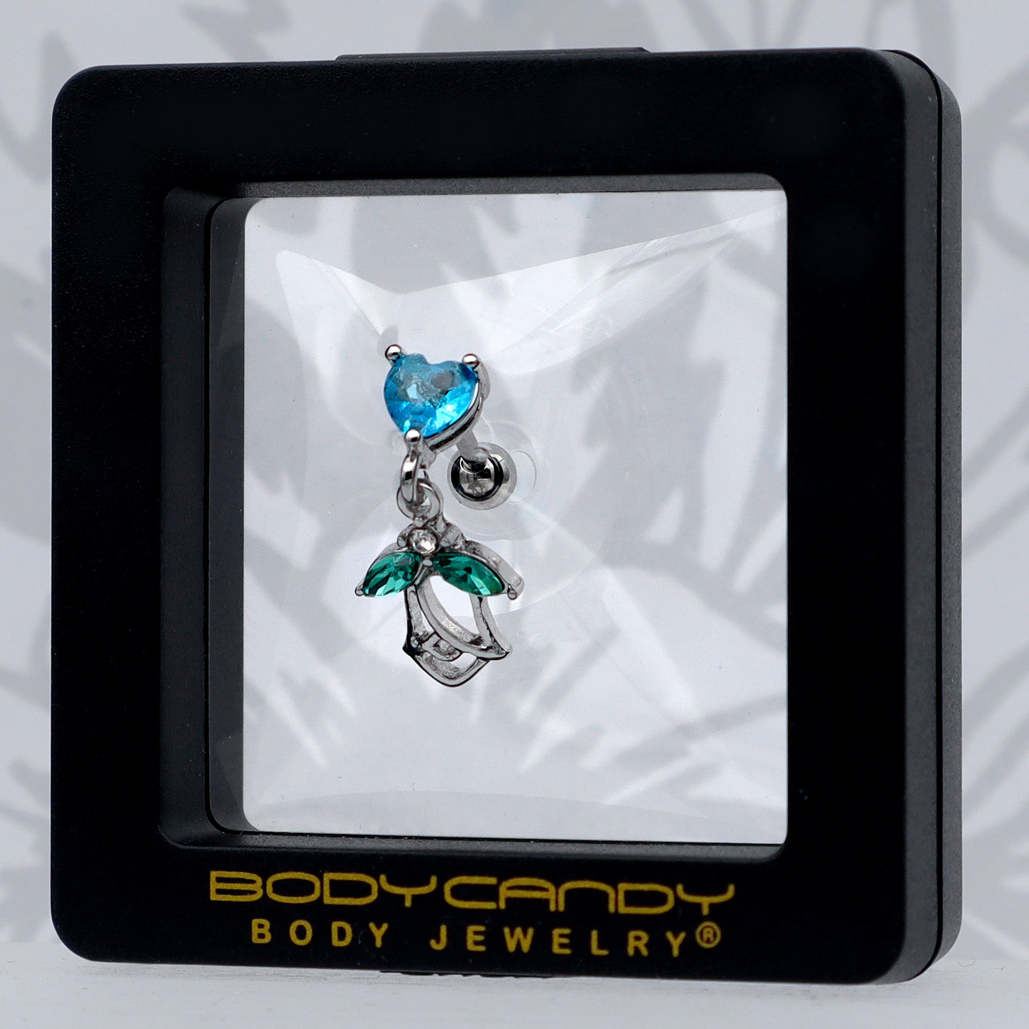 16G 1/4 Blue CZ Gem Heart And Rose Dangle Cartilage Earring