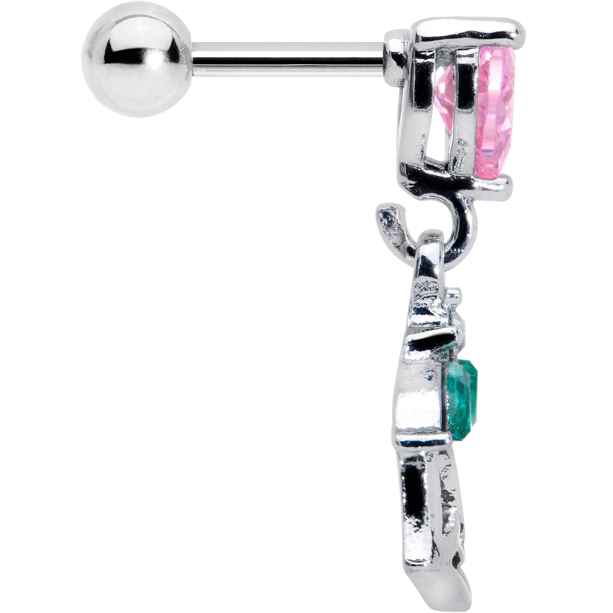 16G 1/4 Pink CZ Gem Heart And Rose Dangle Cartilage Earring