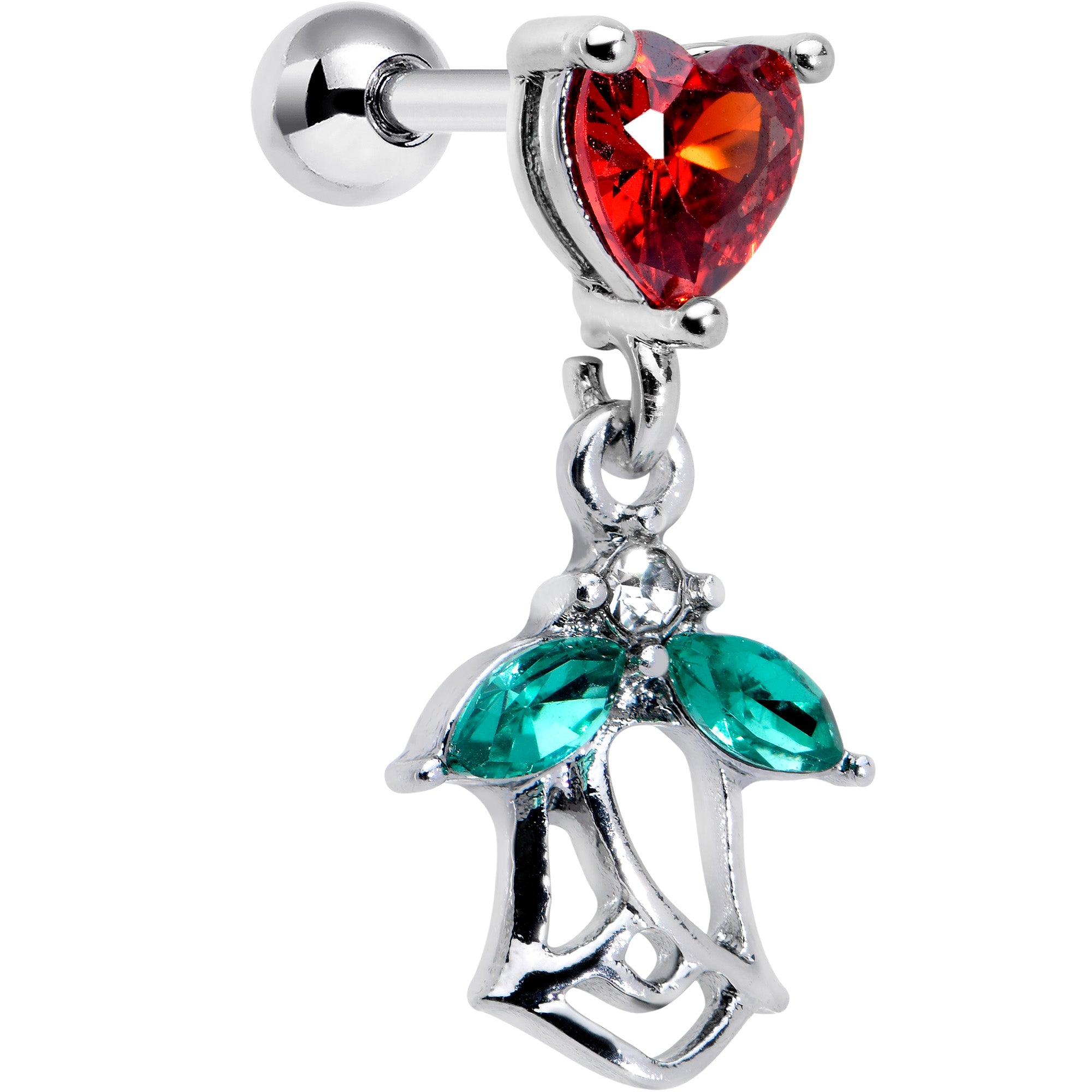 16G 1/4 Red CZ Gem Heart And Rose Dangle Cartilage Earring