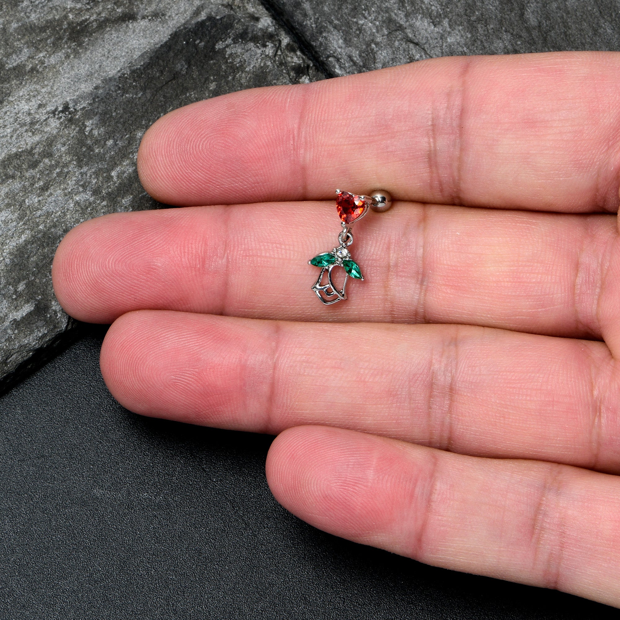 16G 1/4 Red CZ Gem Heart And Rose Dangle Cartilage Earring