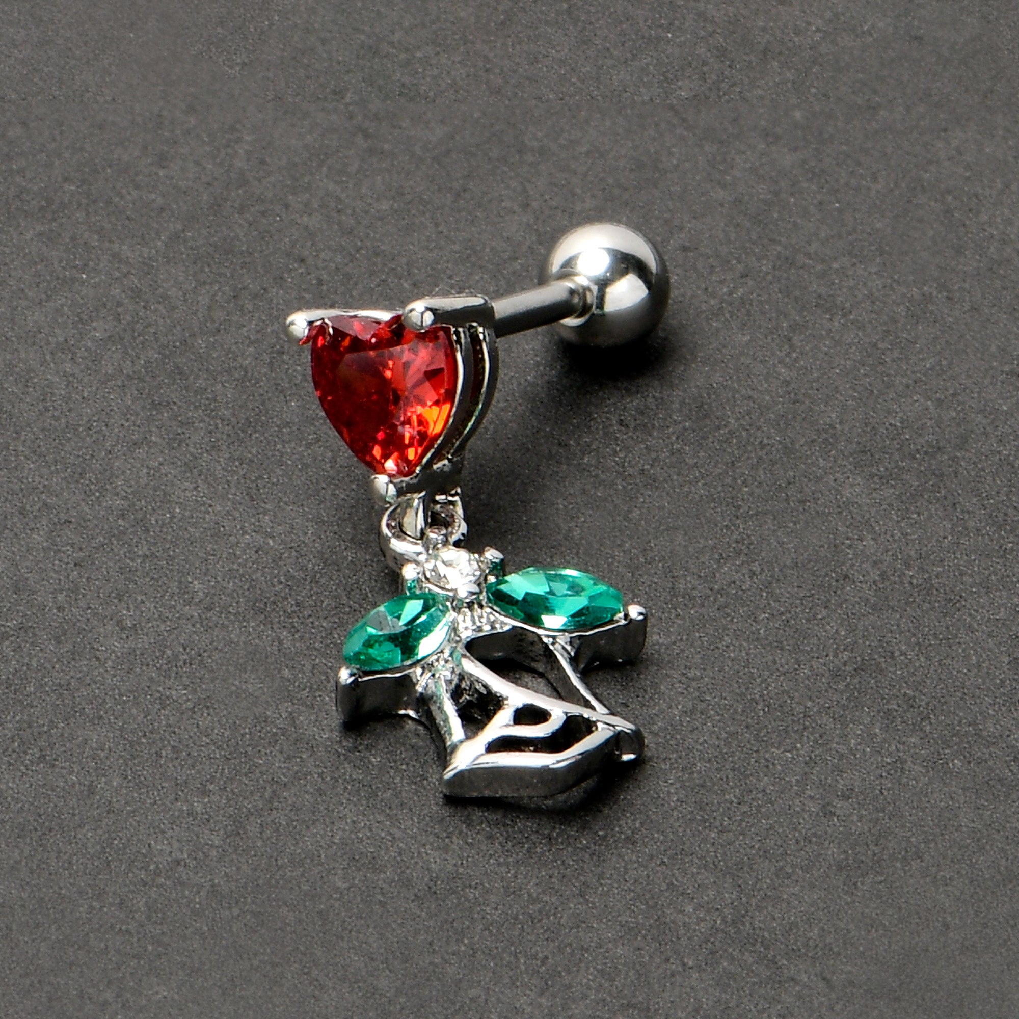 16G 1/4 Red CZ Gem Heart And Rose Dangle Cartilage Earring