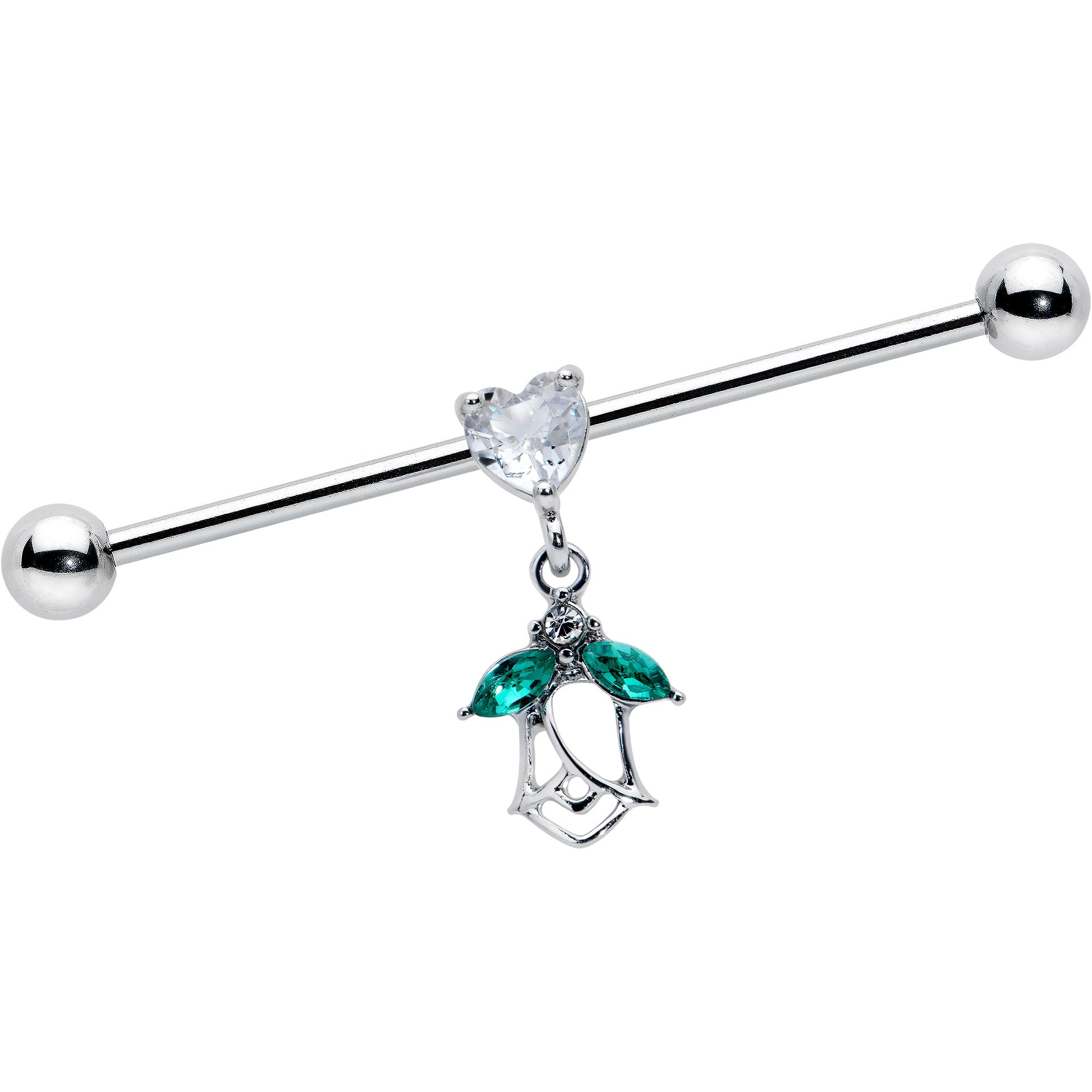 14G Clear CZ Gem Heart And Rose Dangle Industrial Barbell 38mm