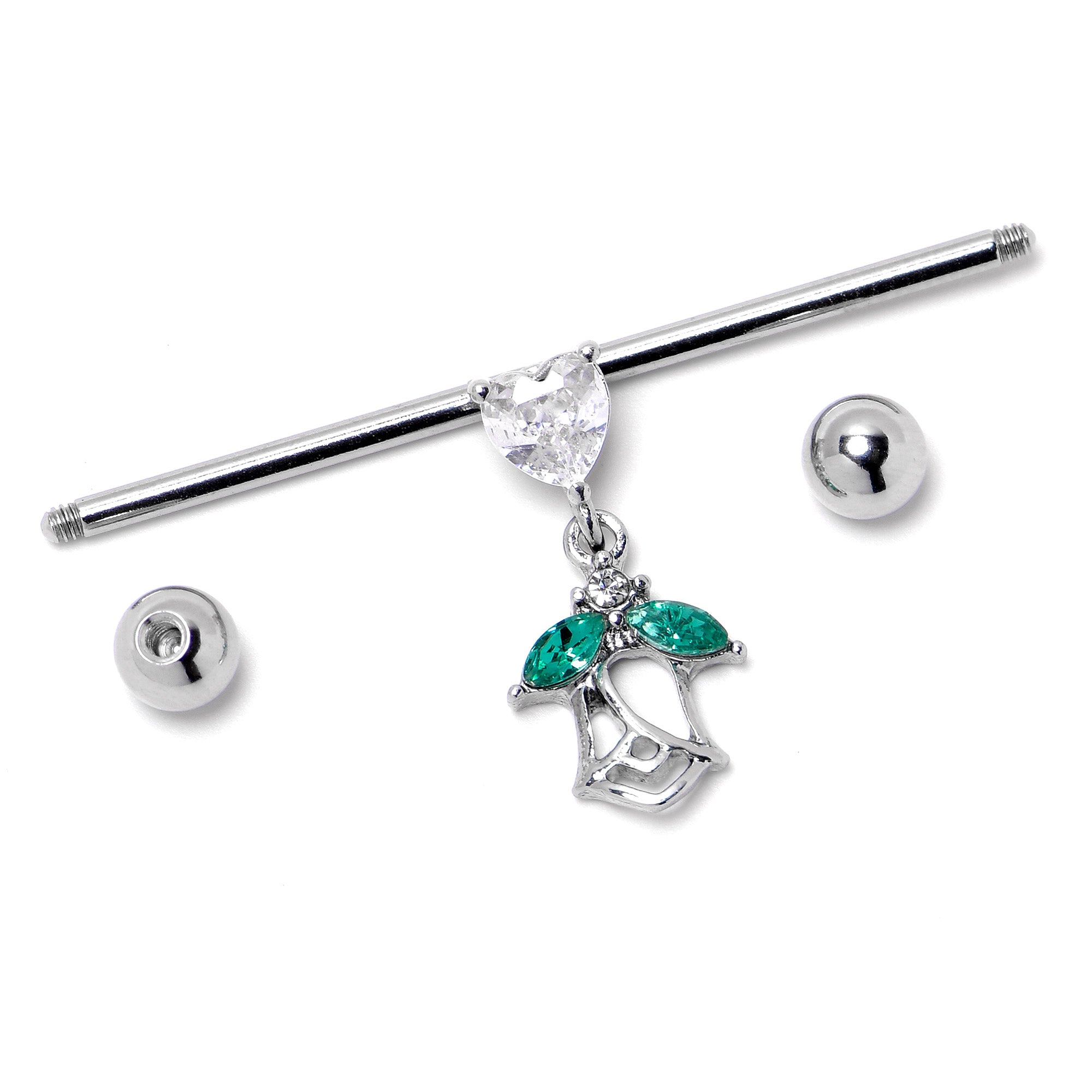 14G Clear CZ Gem Heart And Rose Dangle Industrial Barbell 38mm