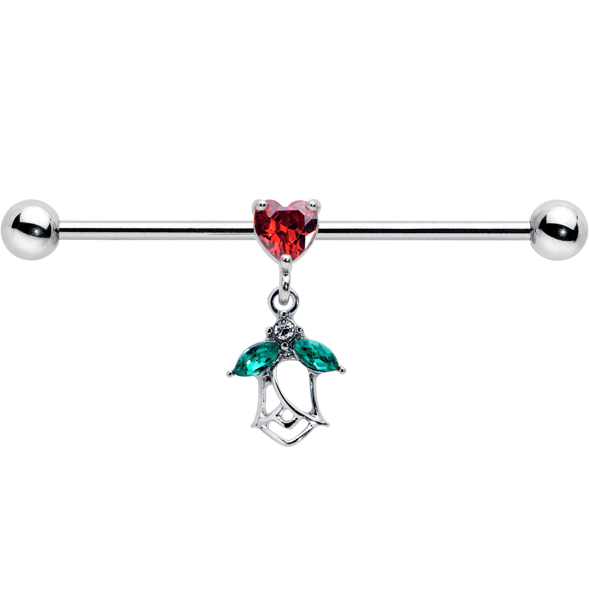 14G Red CZ Gem Heart And Rose Dangle Industrial Barbell 38mm