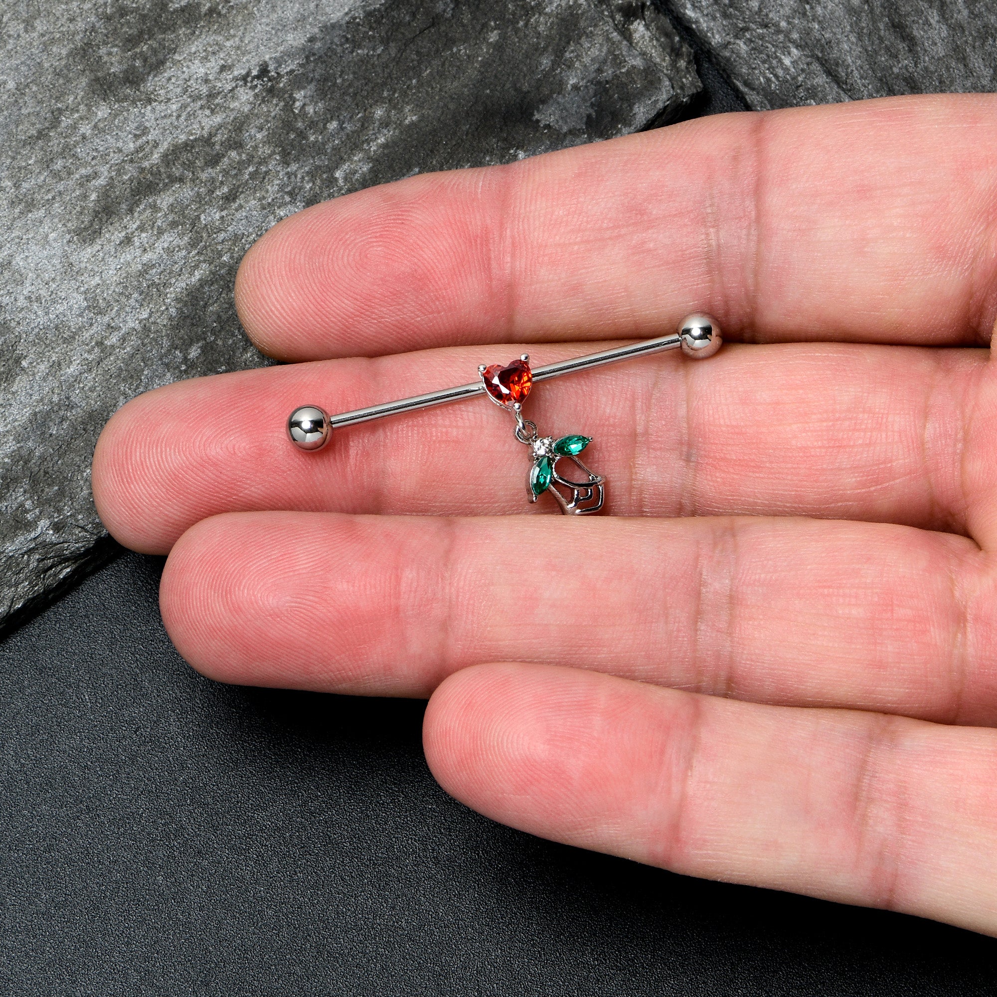 14G Red CZ Gem Heart And Rose Dangle Industrial Barbell 38mm