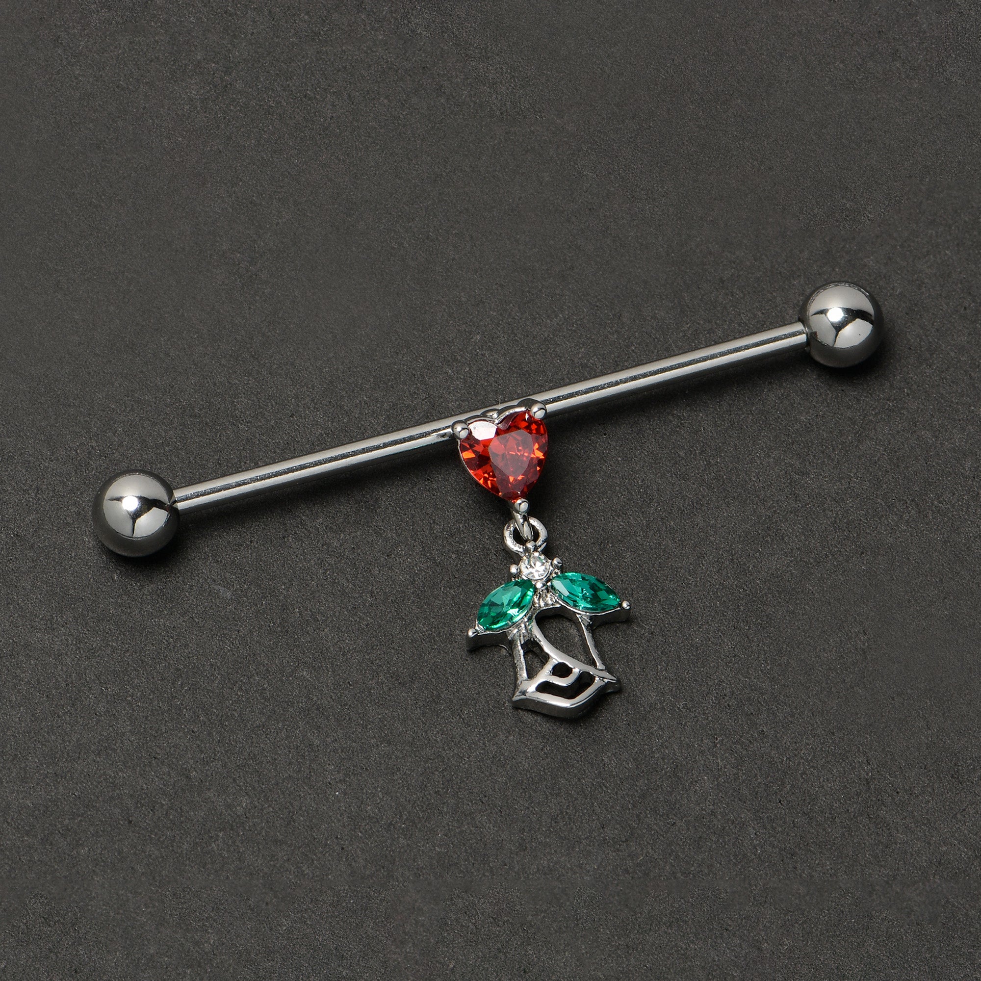 14G Red CZ Gem Heart And Rose Dangle Industrial Barbell 38mm
