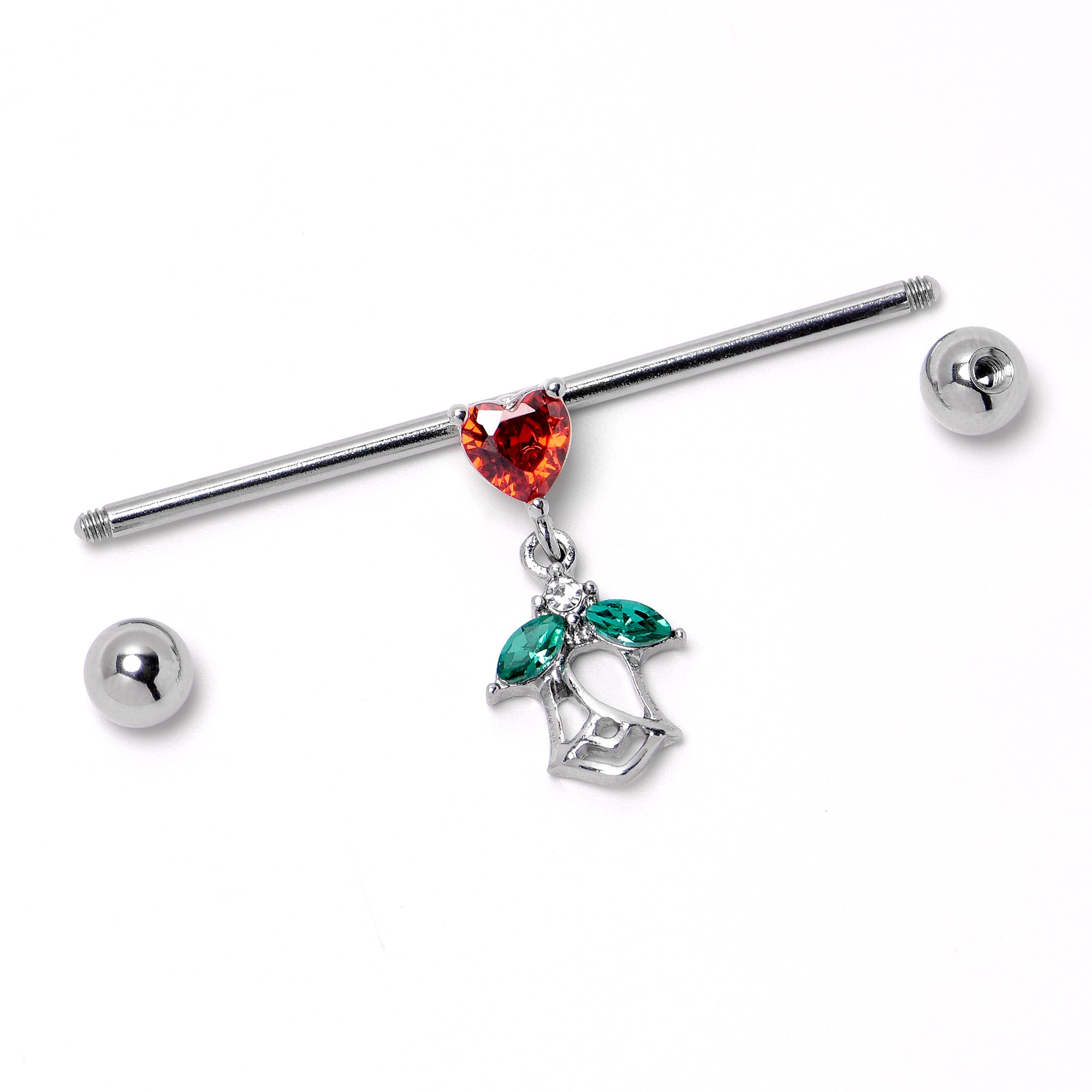 14G Red CZ Gem Heart And Rose Dangle Industrial Barbell 38mm