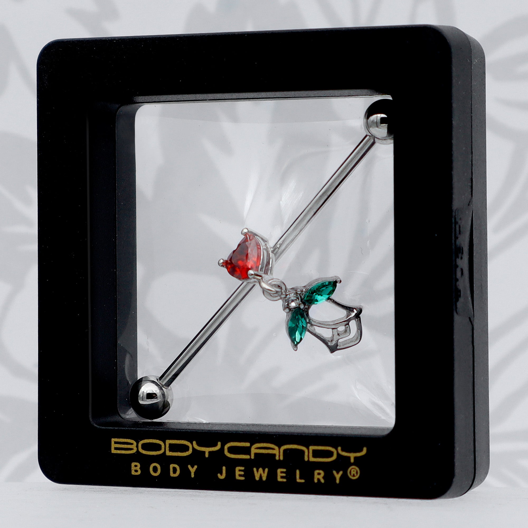 14G Red CZ Gem Heart And Rose Dangle Industrial Barbell 38mm