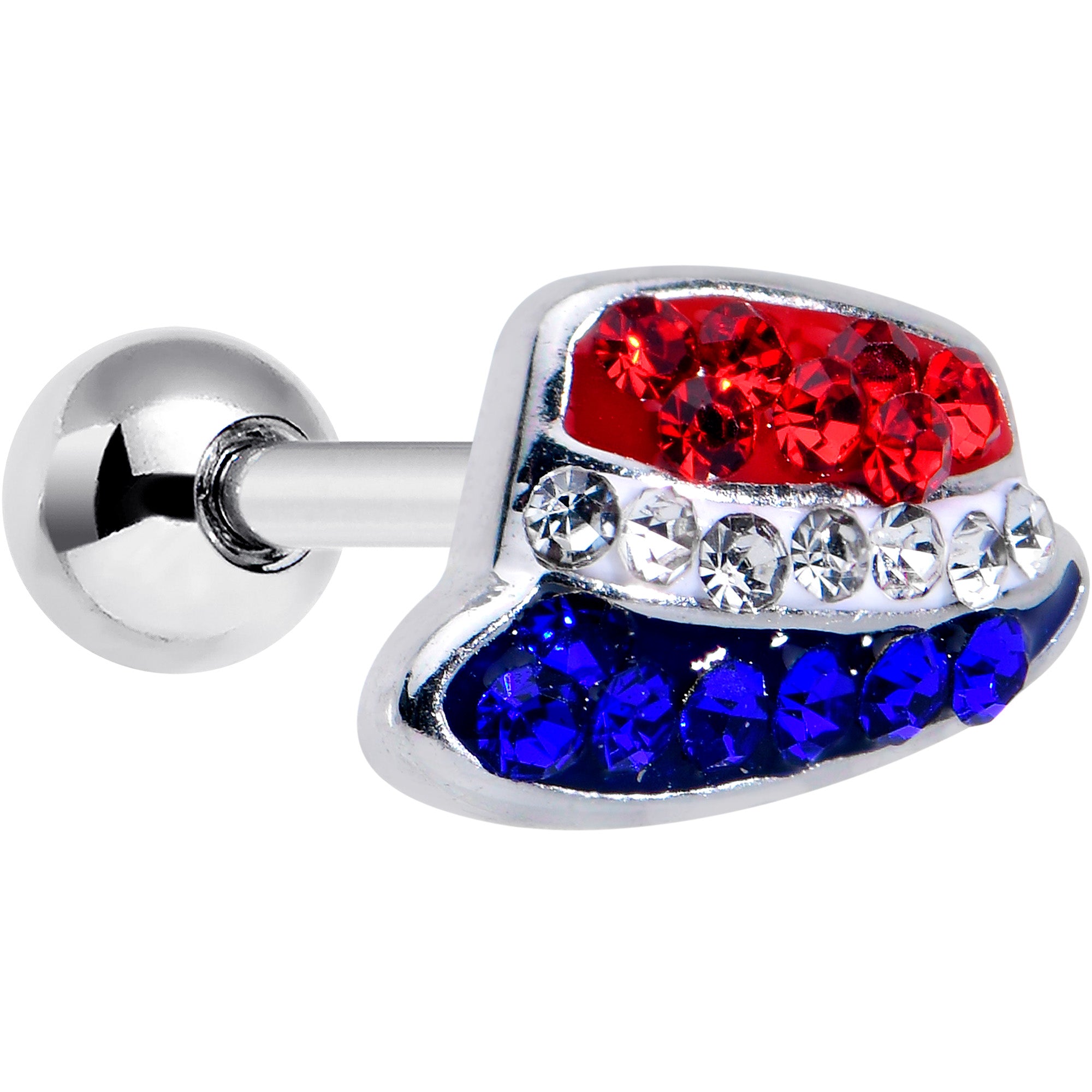 16G 1/4 Red Blue Clear Gem Patriotic Hat Cartilage Tragus Earring