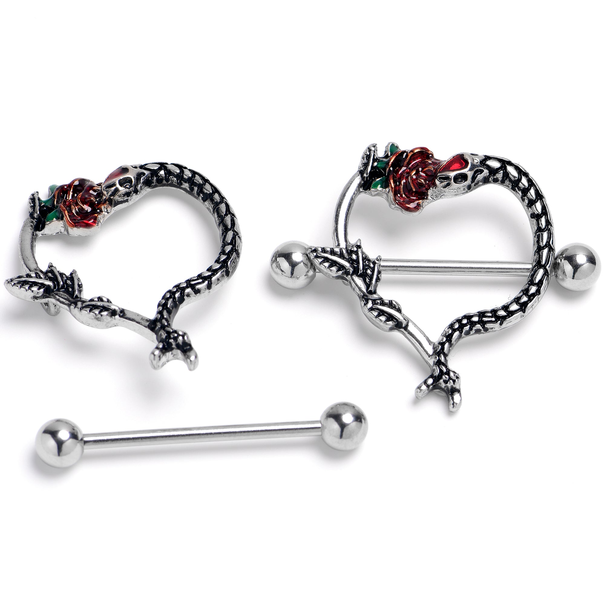 14G Serpentine Snake Flower Rose Heart Nipple Shield Set
