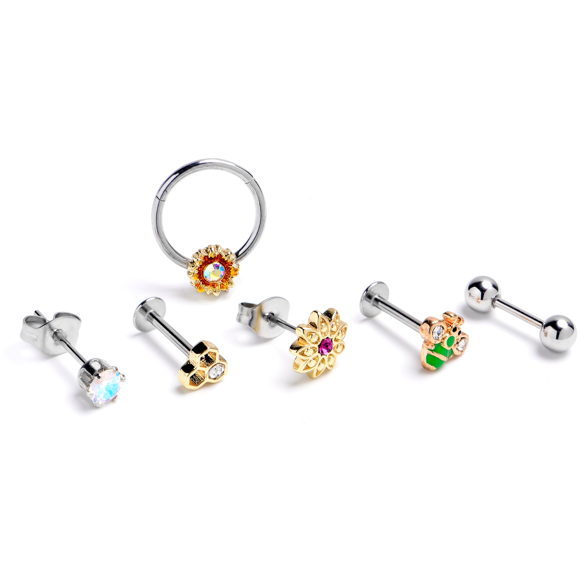 16G 3/8 5/16 Aurora Gem Bee Flower Labret BCR Cartilage Curation Set of 6