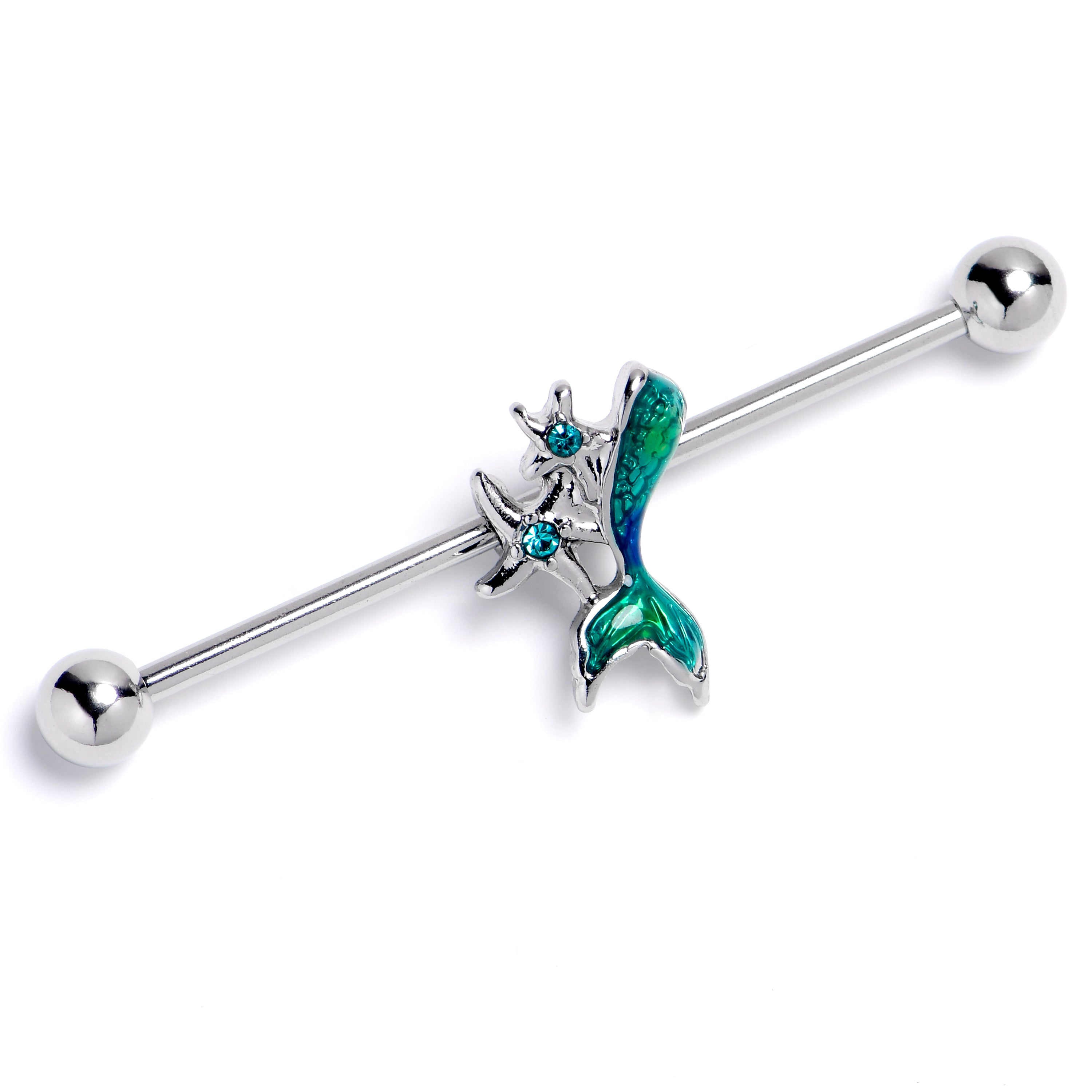 14G Green Gem Green Mermaids Tail Star Industrial Barbell 38mm