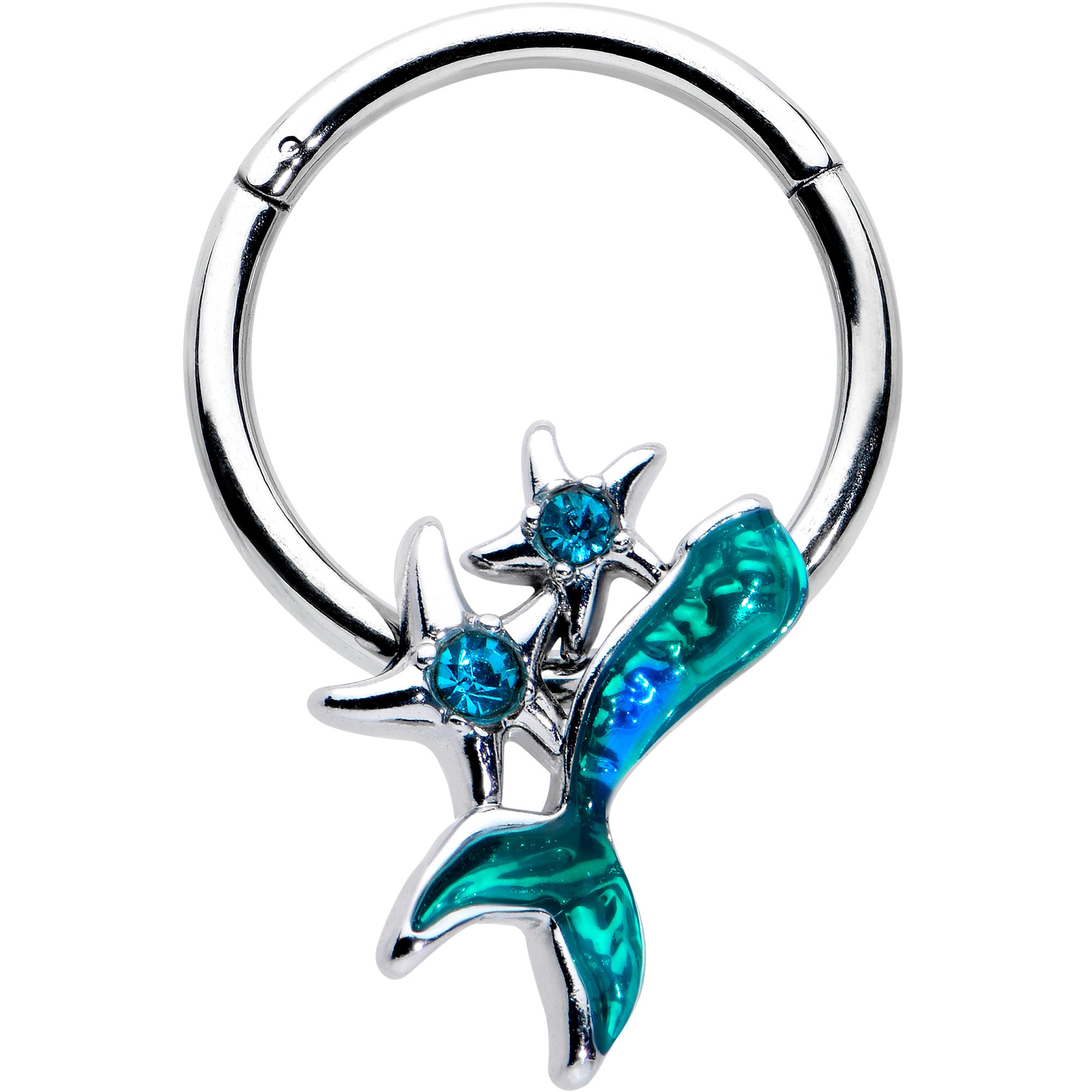 16G 3/8 Blue Gem Green Mermaid Tail Stars Hinged Segment Ring
