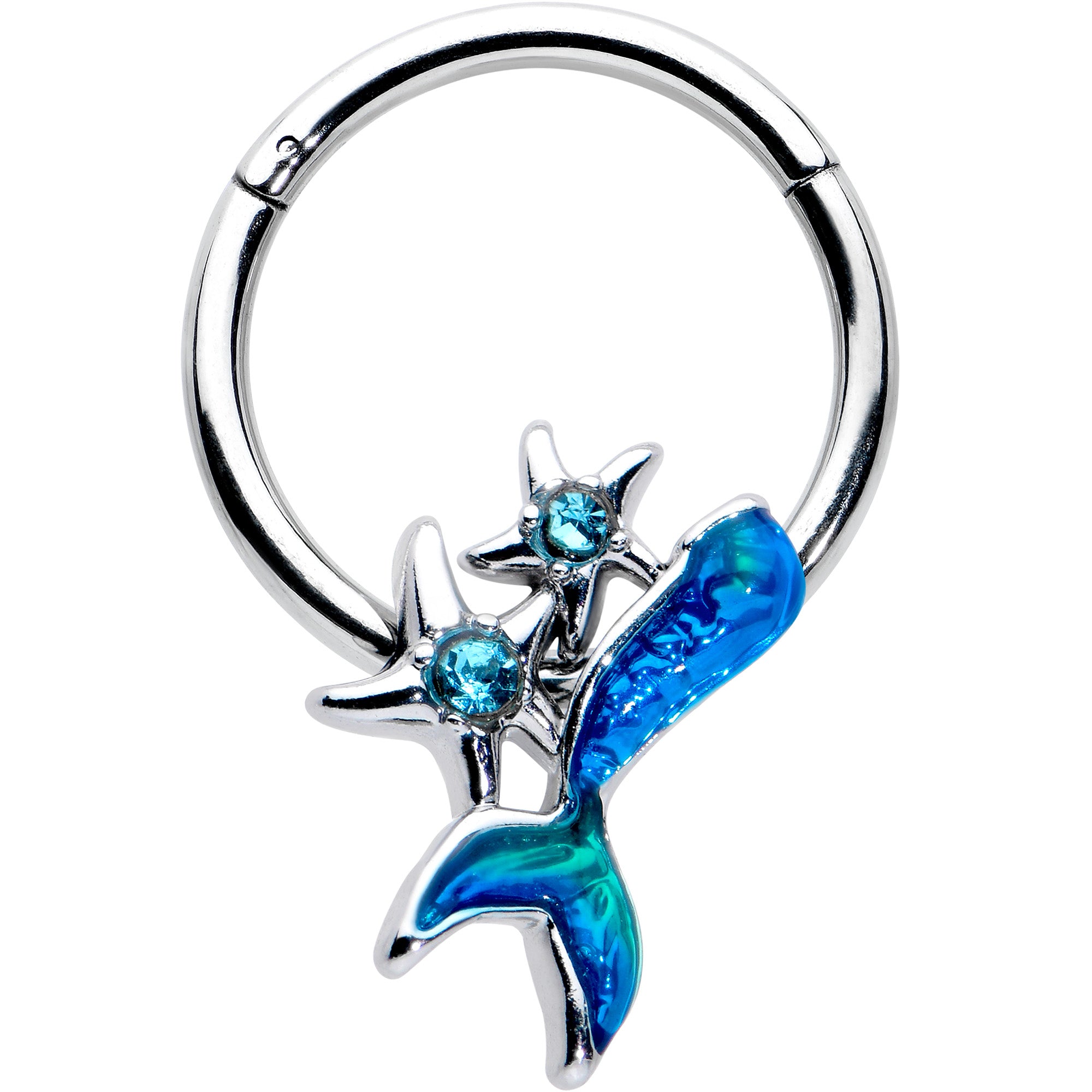16G 3/8 Blue Gem Blue Mermaid Tail Stars Hinged Segment Ring
