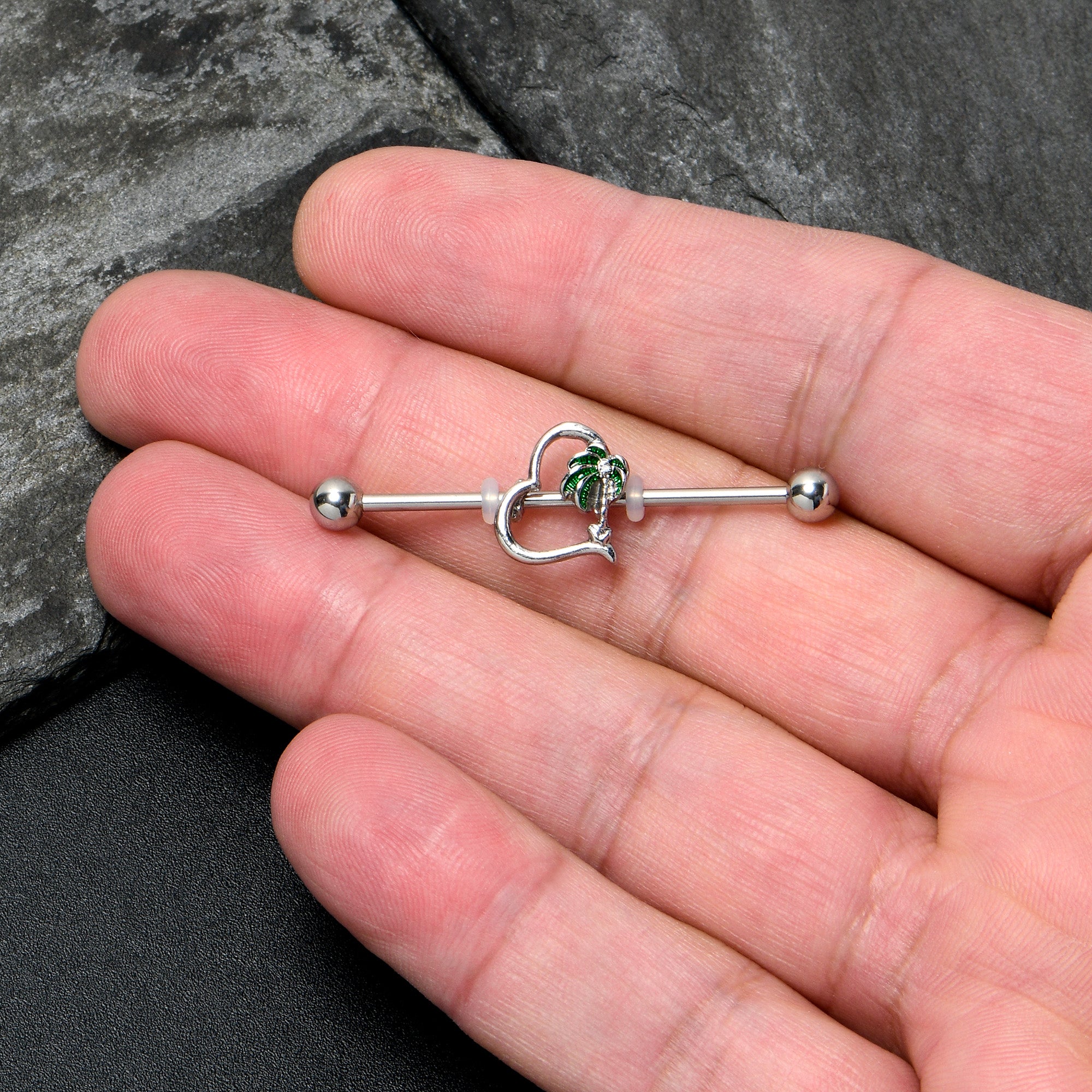 14G Clear Gem Palm Tree Love Heart Industrial Barbell 38mm