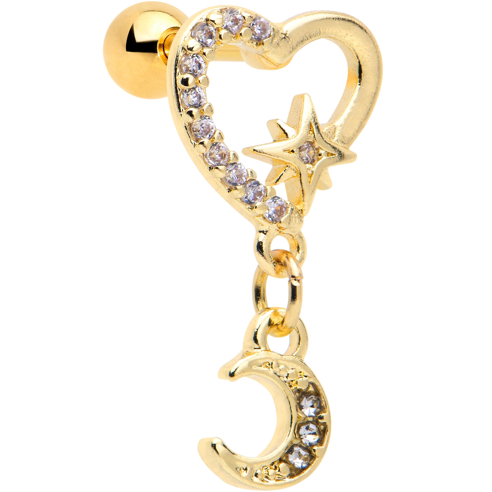 16G 1/4 Clear CZ Gem Gold Tone Heart Moon Dangle Cartilage Earring