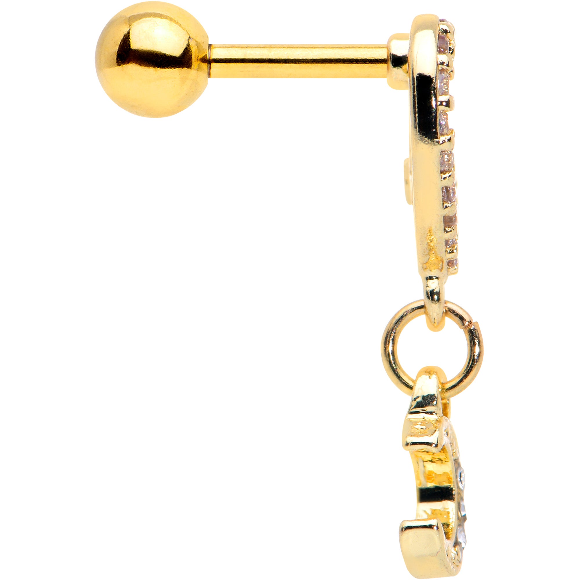 16G 1/4 Clear CZ Gem Gold Tone Heart Moon Dangle Cartilage Earring