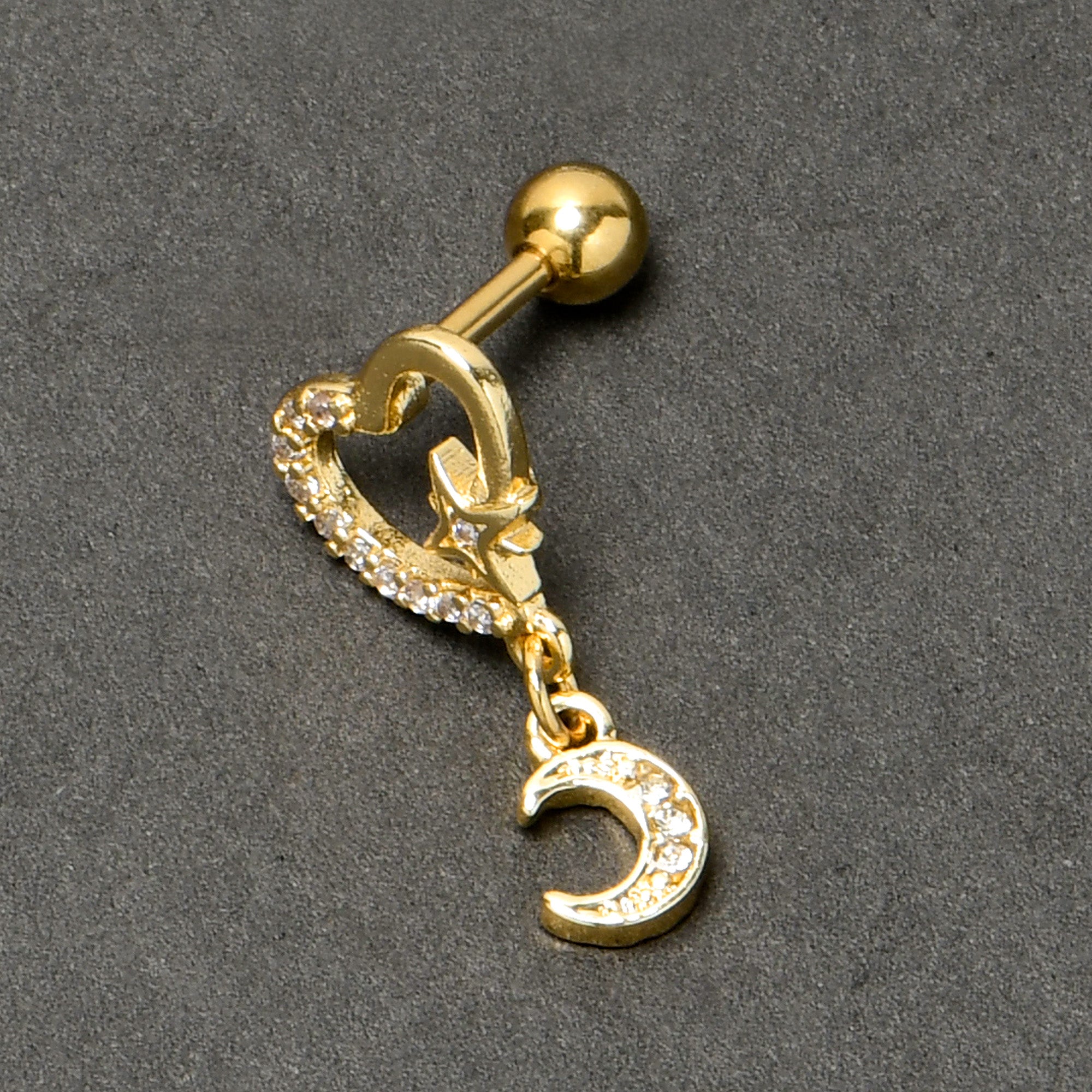 16G 1/4 Clear CZ Gem Gold Tone Heart Moon Dangle Cartilage Earring