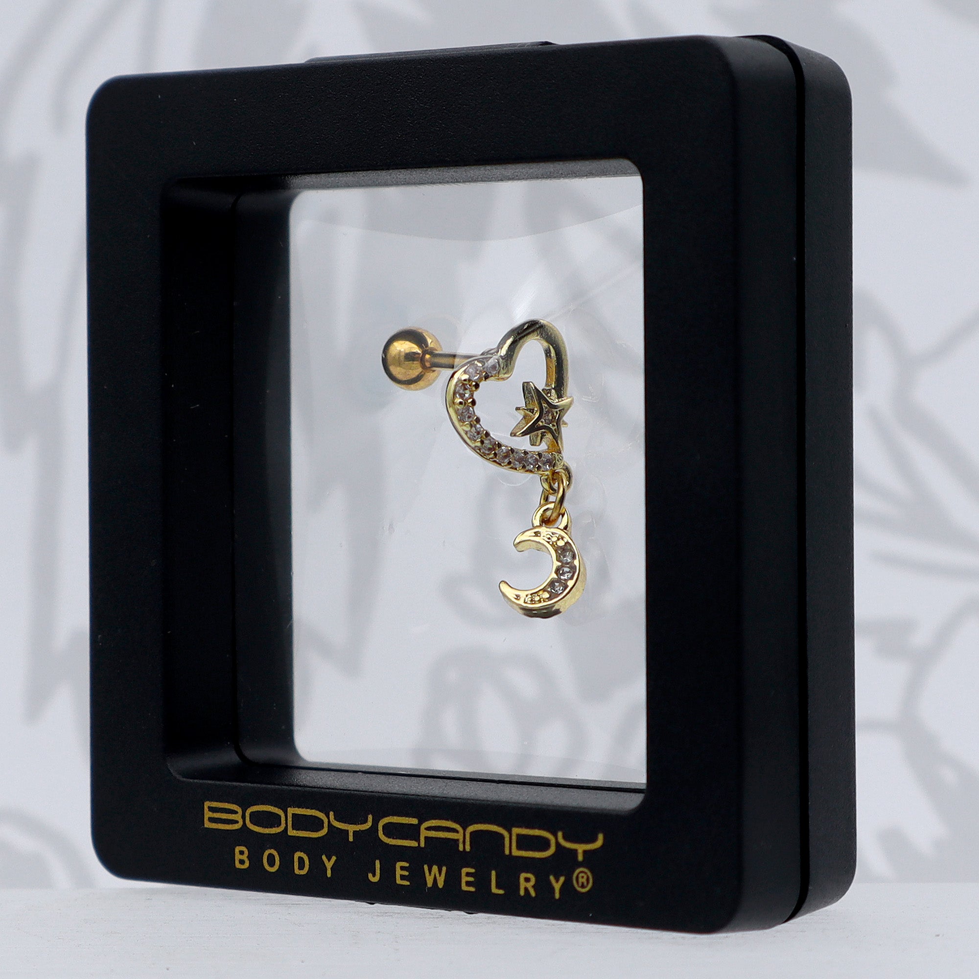 16G 1/4 Clear CZ Gem Gold Tone Heart Moon Dangle Cartilage Earring