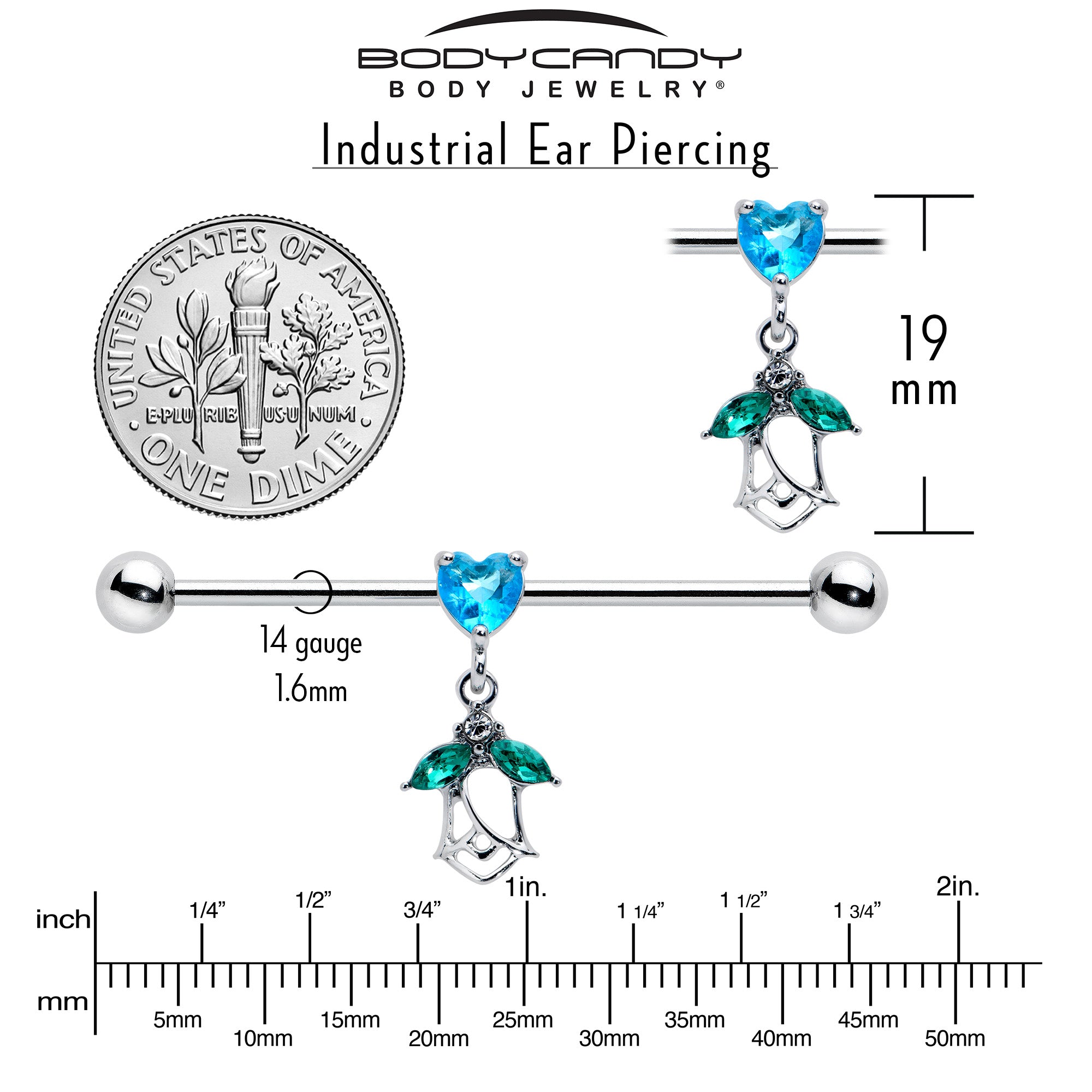 14G Blue CZ Gem Heart And Rose Dangle Industrial Barbell 38mm