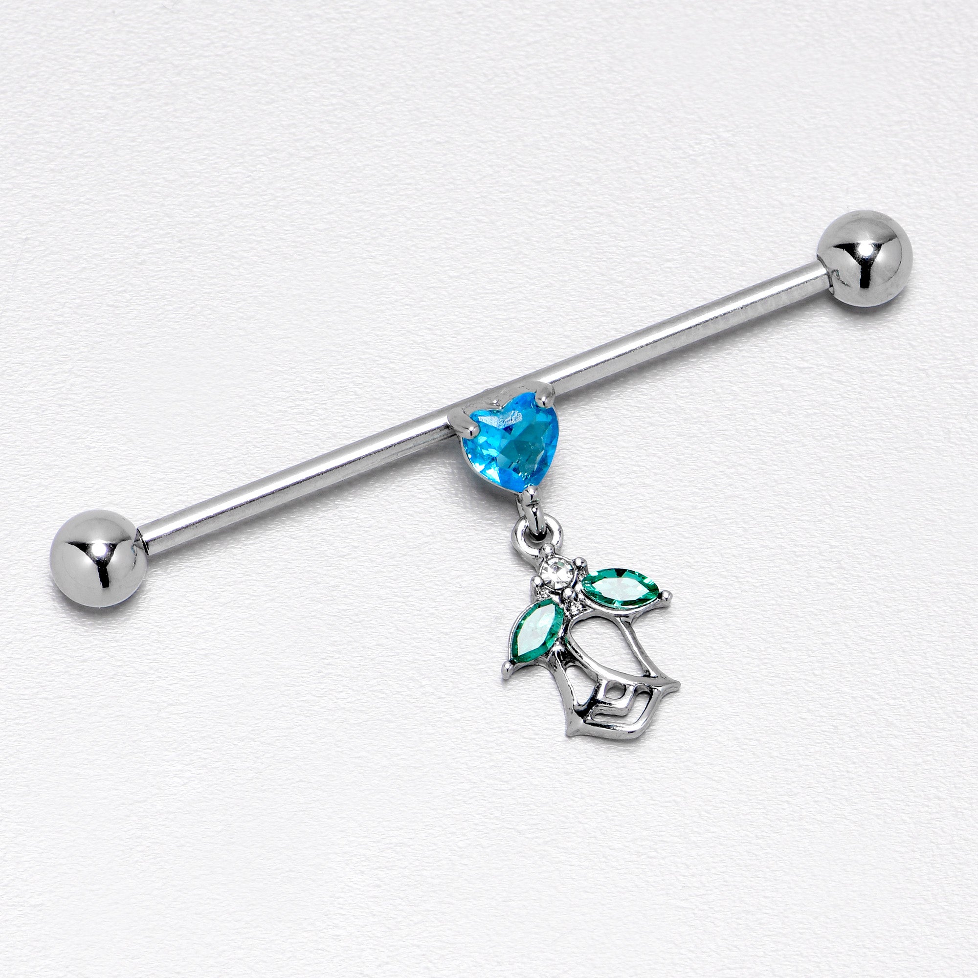 14G Blue CZ Gem Heart And Rose Dangle Industrial Barbell 38mm