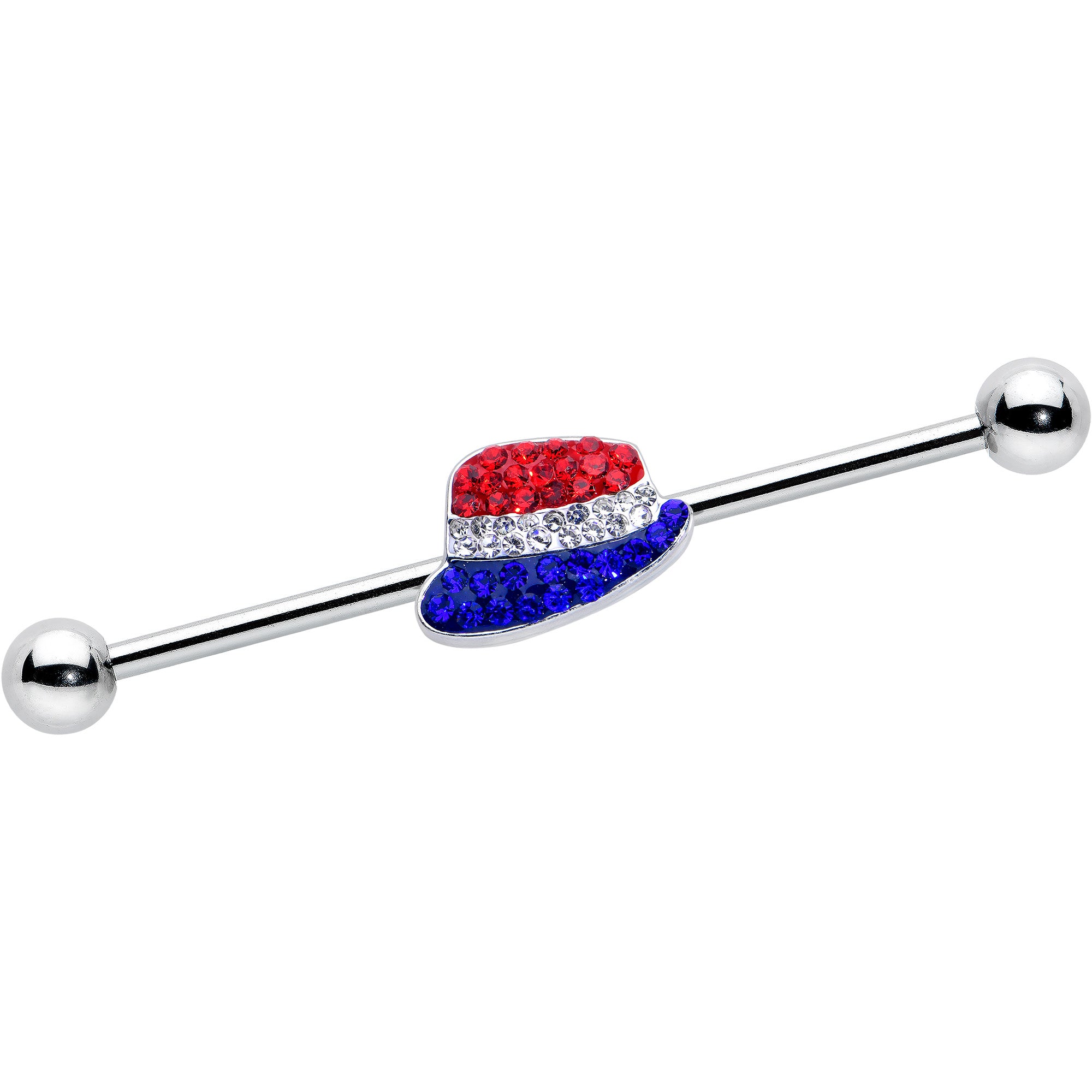 14G Red Blue Clear Gem Patriotic Hat Industrial Barbell 38mm