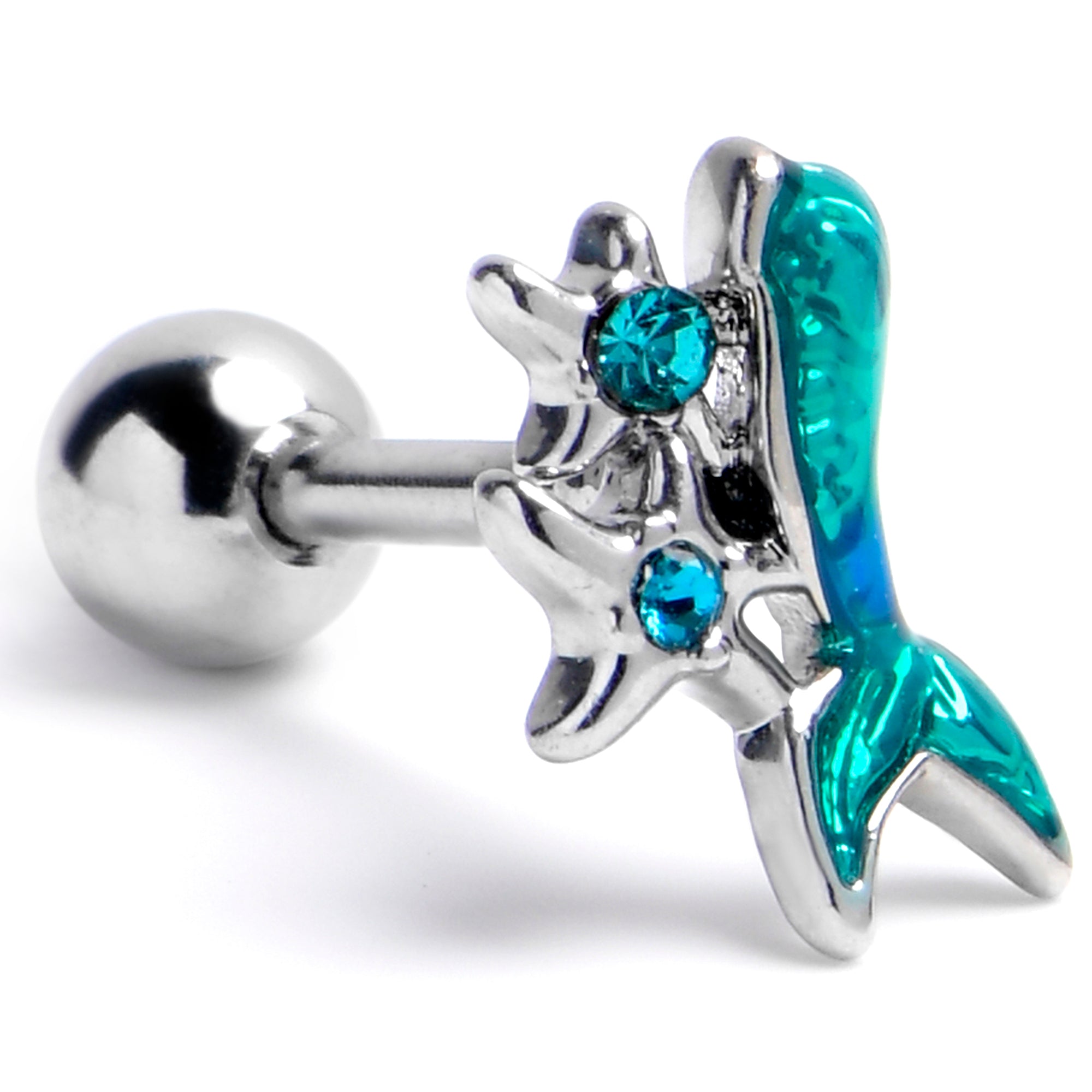 16G 1/4 Blue Gem Mermaid Tail Green Stars Cartilage Tragus Earring