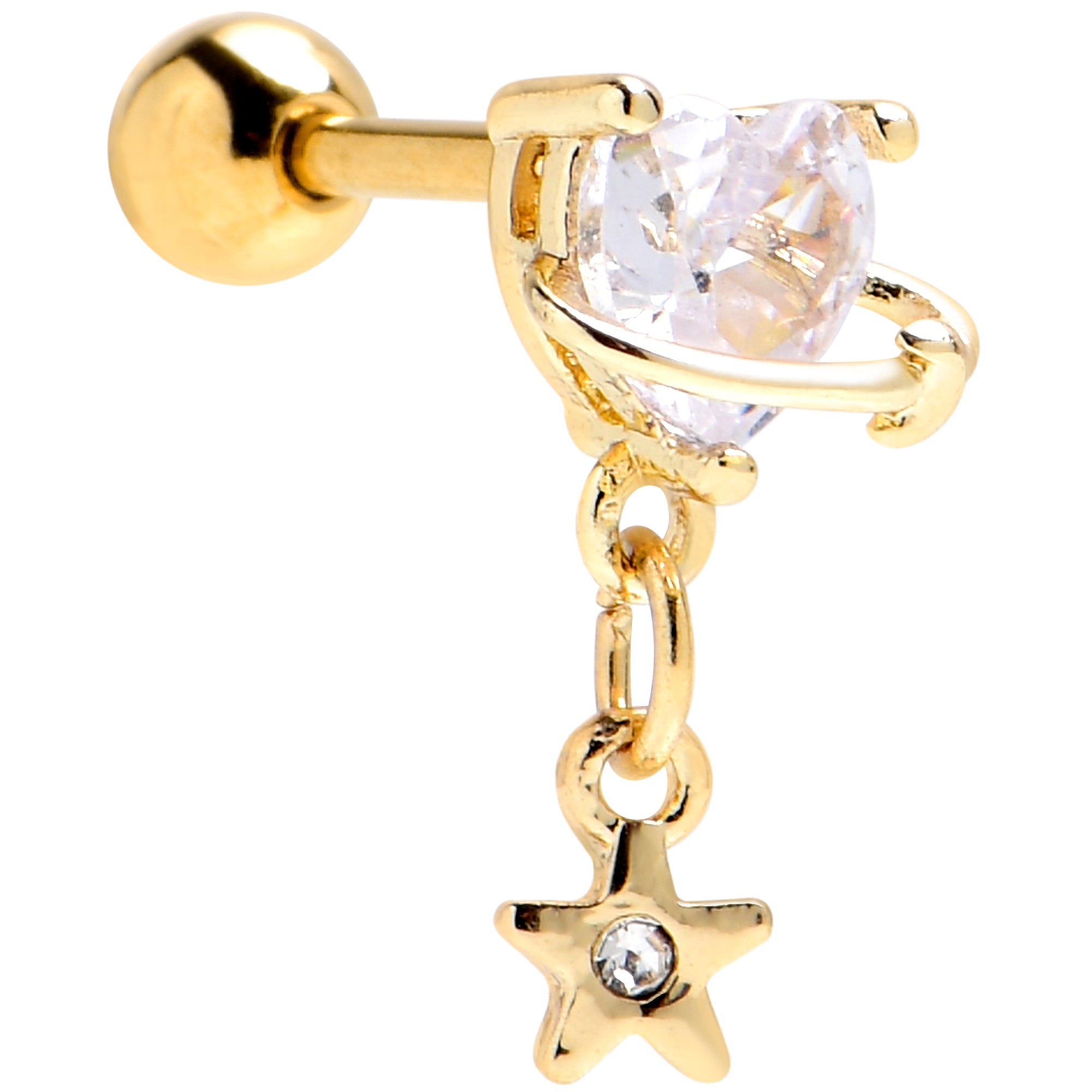 16G 1/4 Clear CZ Gem Gold Hue Starry Saturn Dangle Cartilage Earring