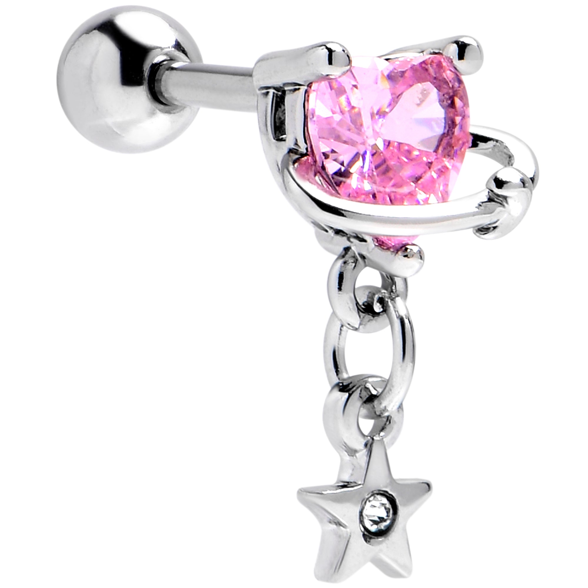 16G 1/4 Pink CZ Gem Starry Saturn Dangle Cartilage Earring
