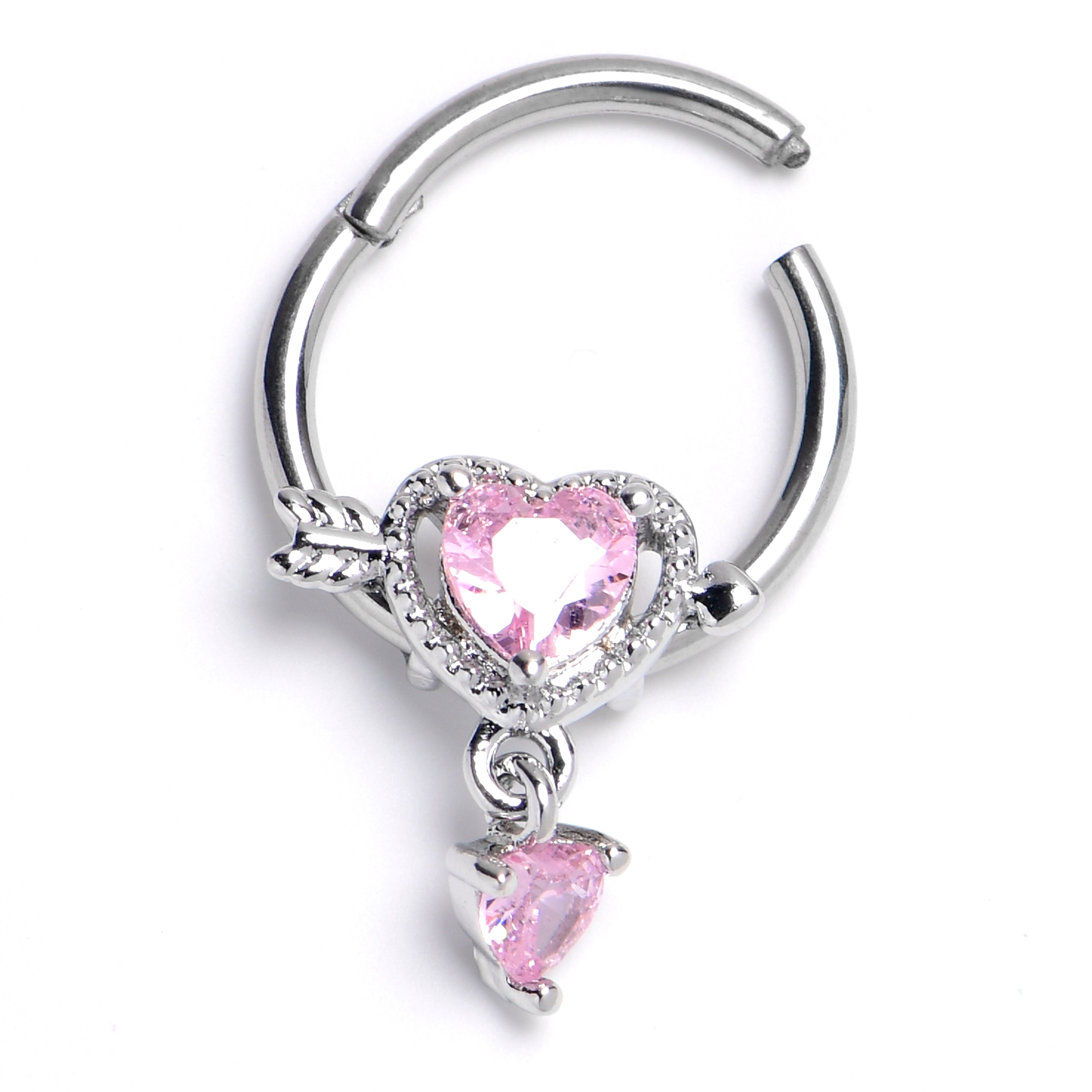 16G 3/8 Pink Gem Fusion of Love Arrow Heart Hinged Segment Ring