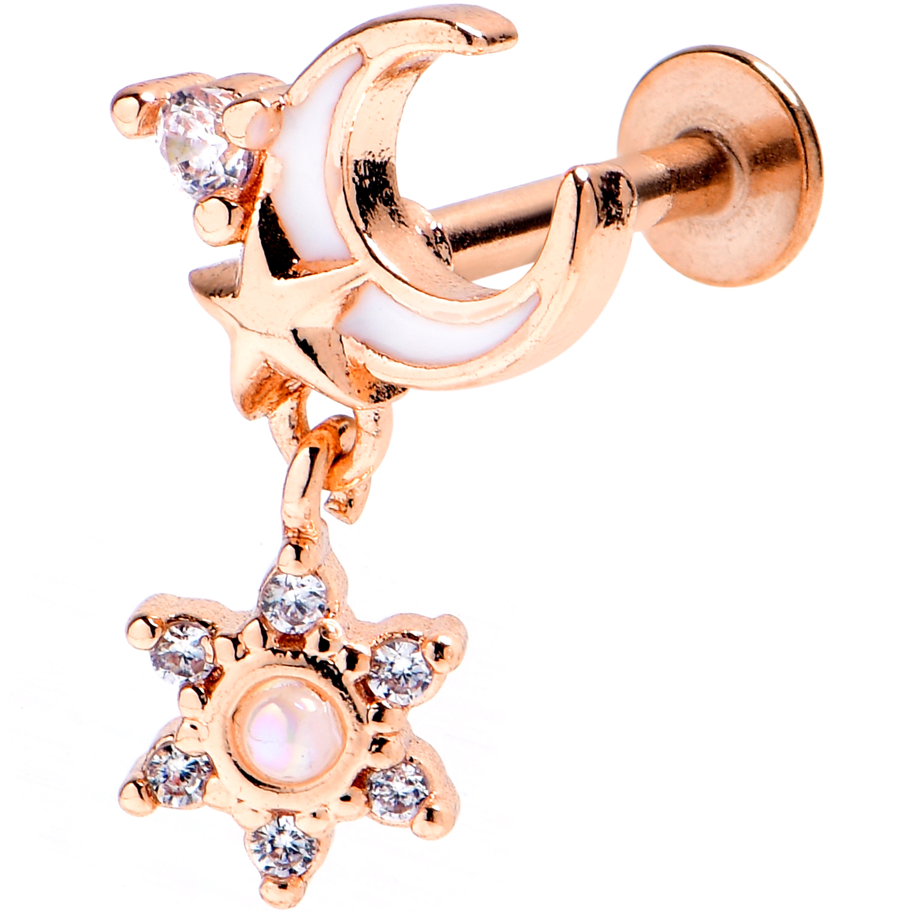16G 5/16 Clear CZ Gem Rose Gold Tone Moon Star Labret Monroe Tragus