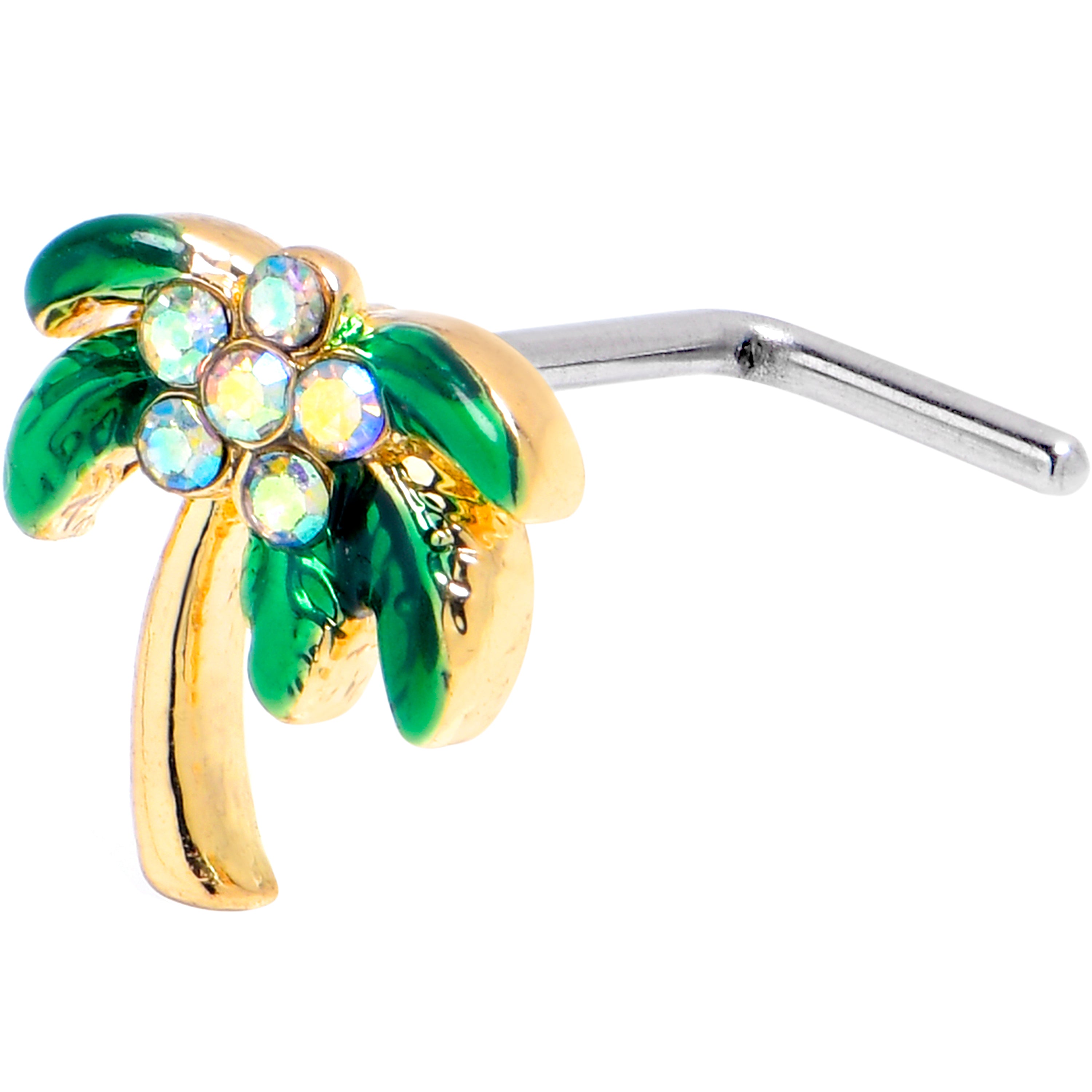 20G 7mm Aurora Gem Palm Tree Glam Golden L Shape Nose Ring