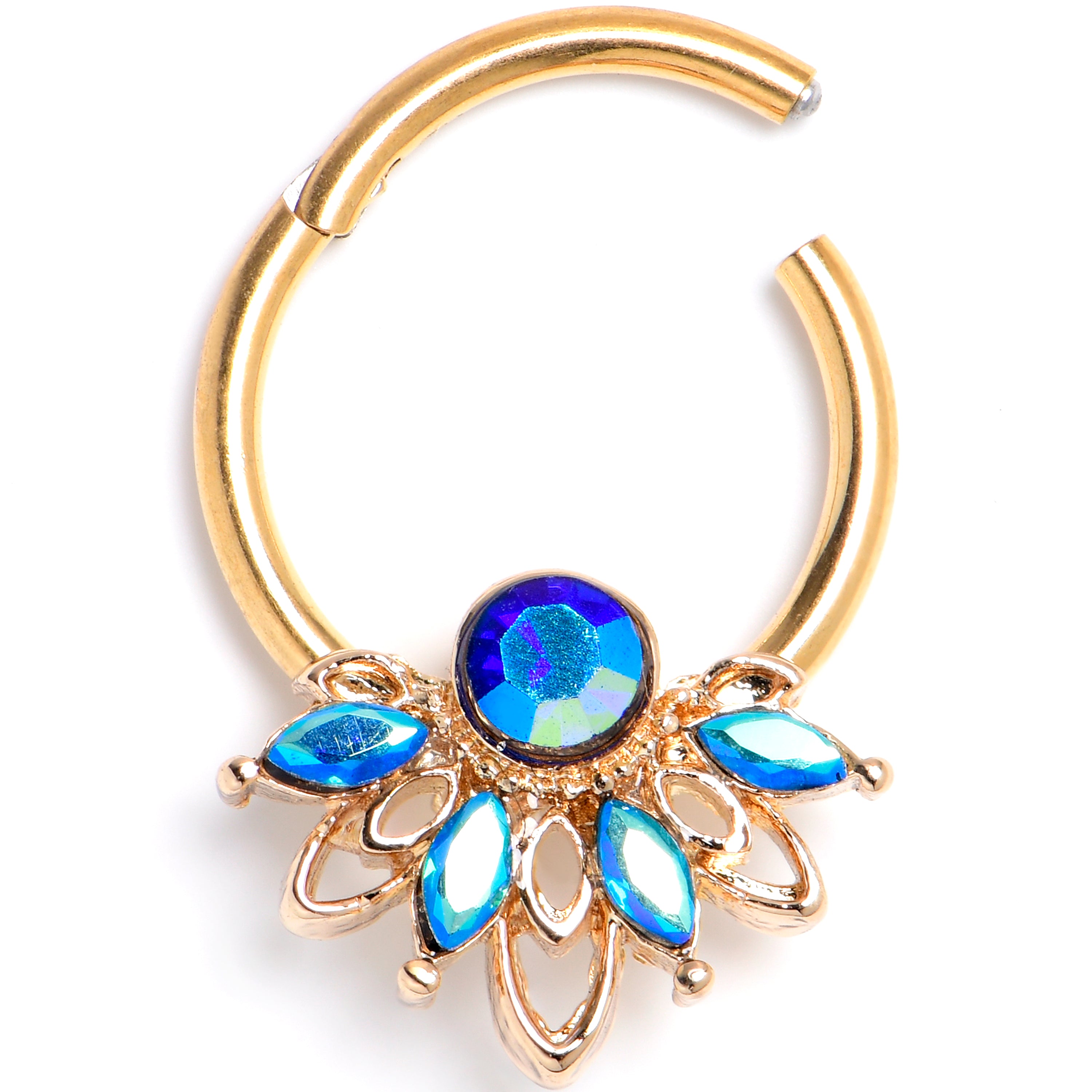 16G 3/8 Blue Gem Gold Tone Filigree Tiara Hinged Segment Ring