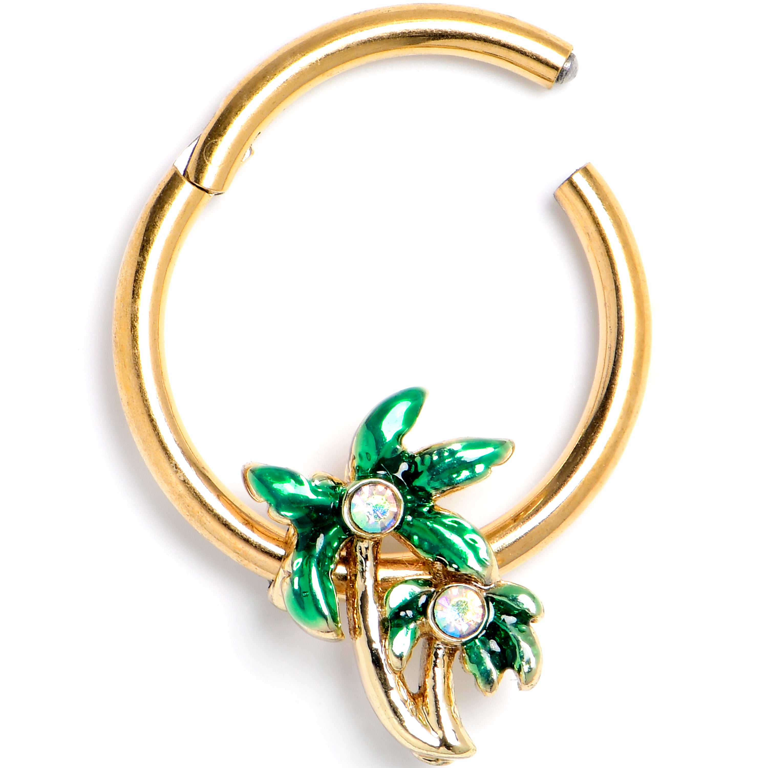 16G 3/8 Aurora Gem Gold Tone Palm Tree Glam Hinged Segment Ring