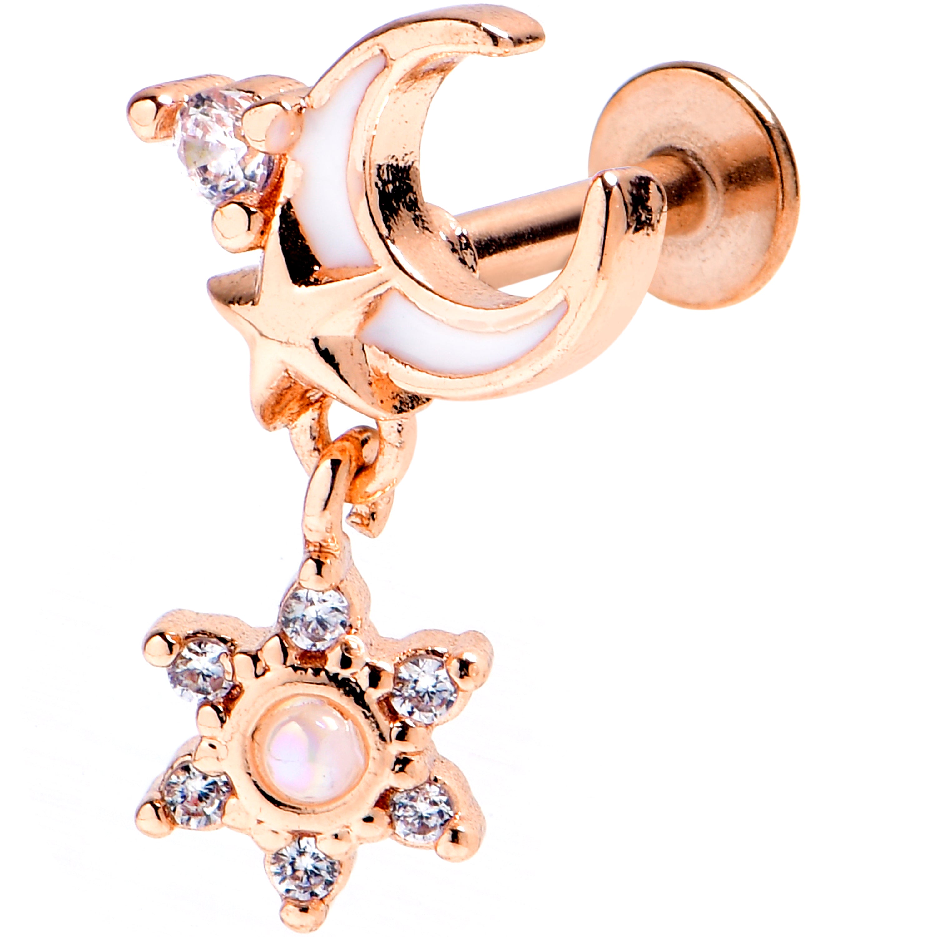 16G 1/4 Clear CZ Gem Rose Gold Tone Moon Star Dangle Labret