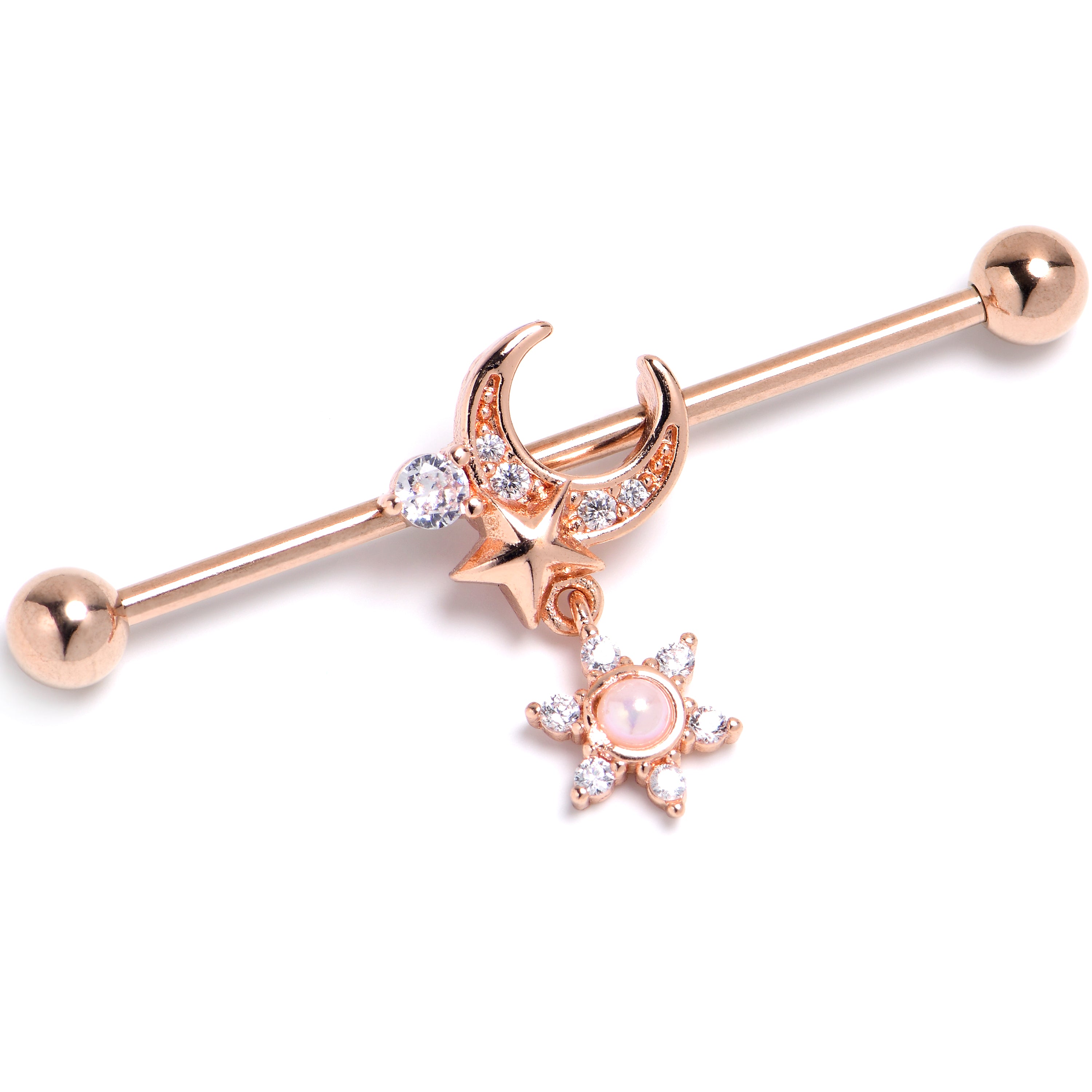 14G Clear CZ Gem Rose Gold Tone Moon Star Industrial Barbell 38mm