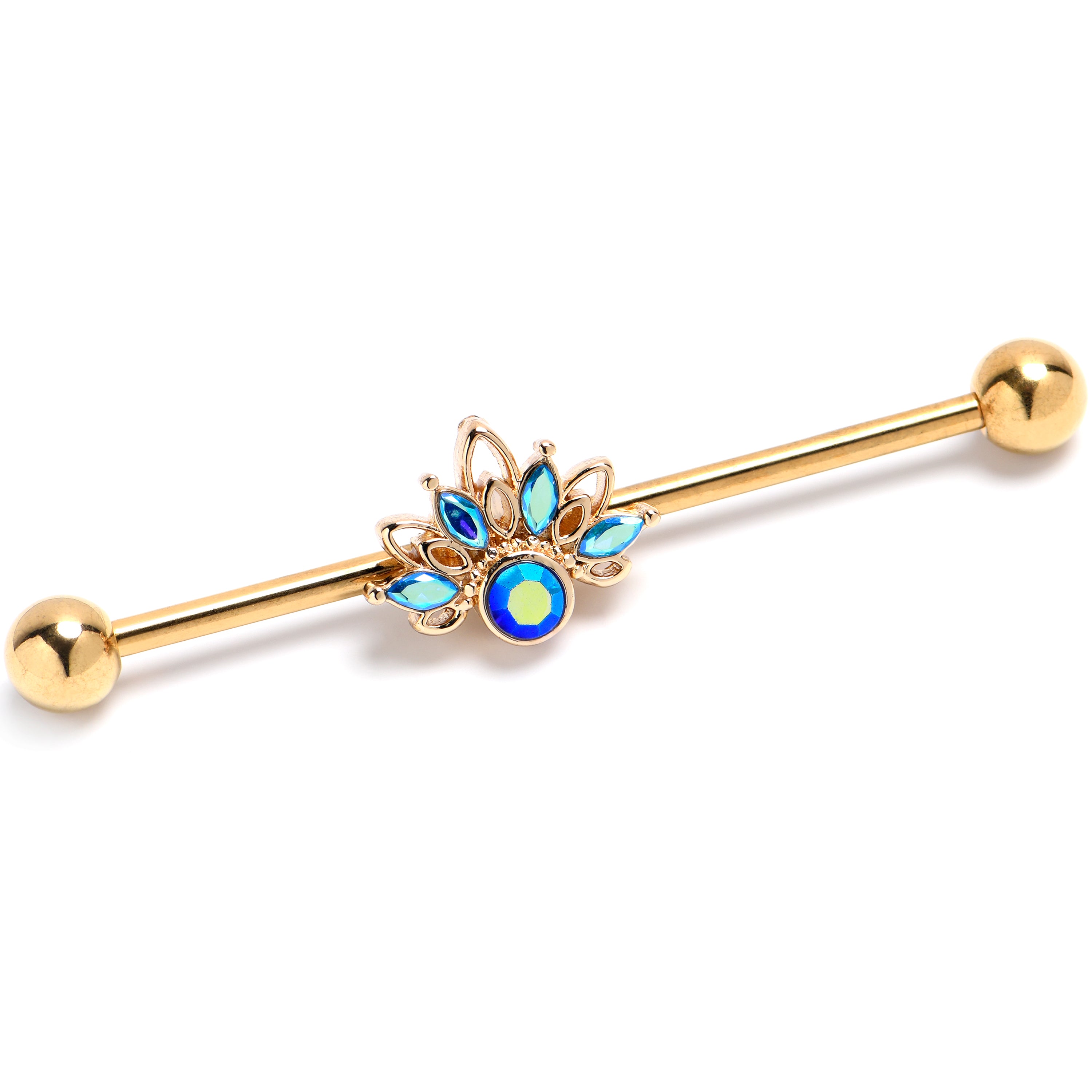 14G Blue Gem Gold Tone Filigree Tiara Industrial Barbell 38mm