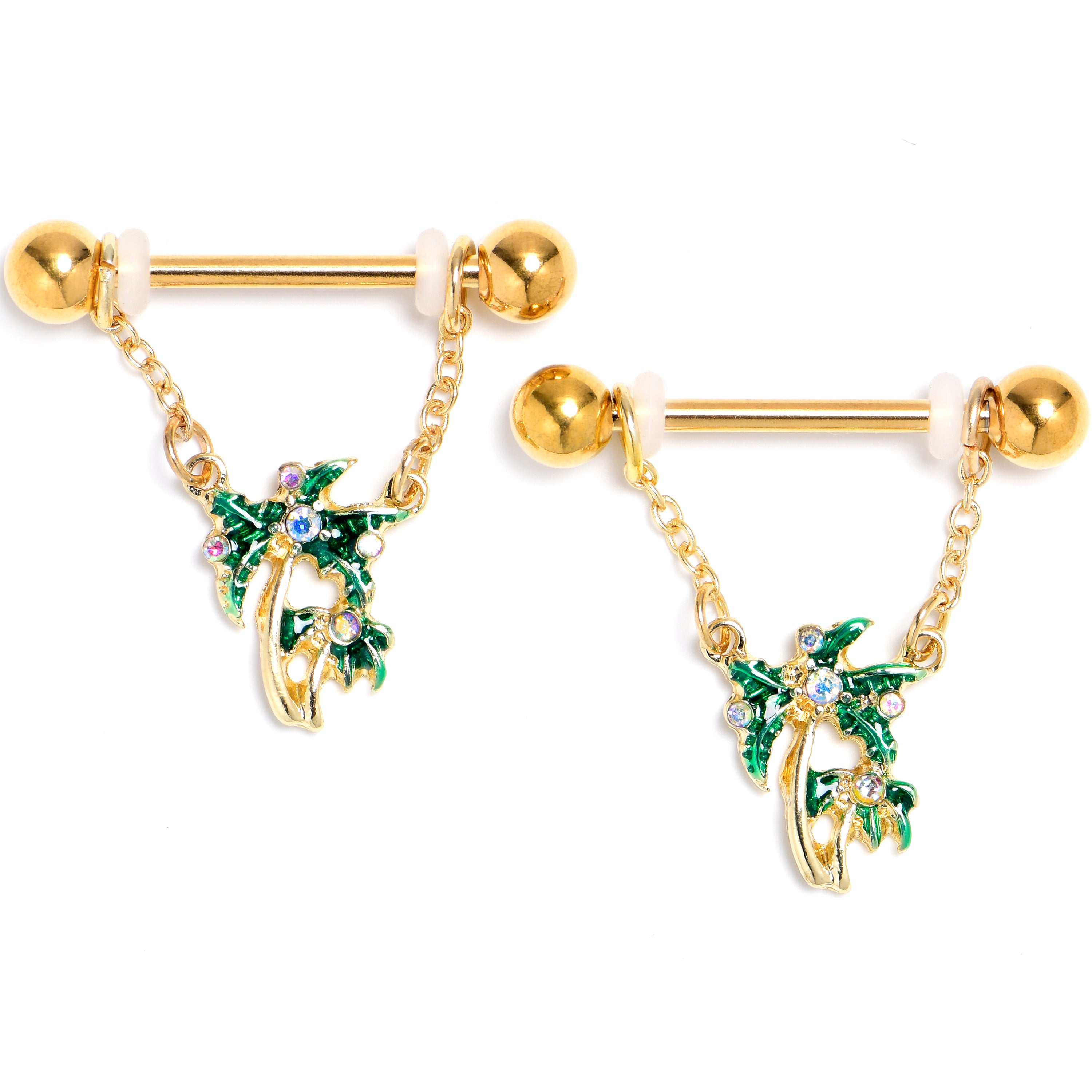 14G 9/16 Aurora Gem Gold Tone Palm Tree Glam Dangle Nipple Ring Set