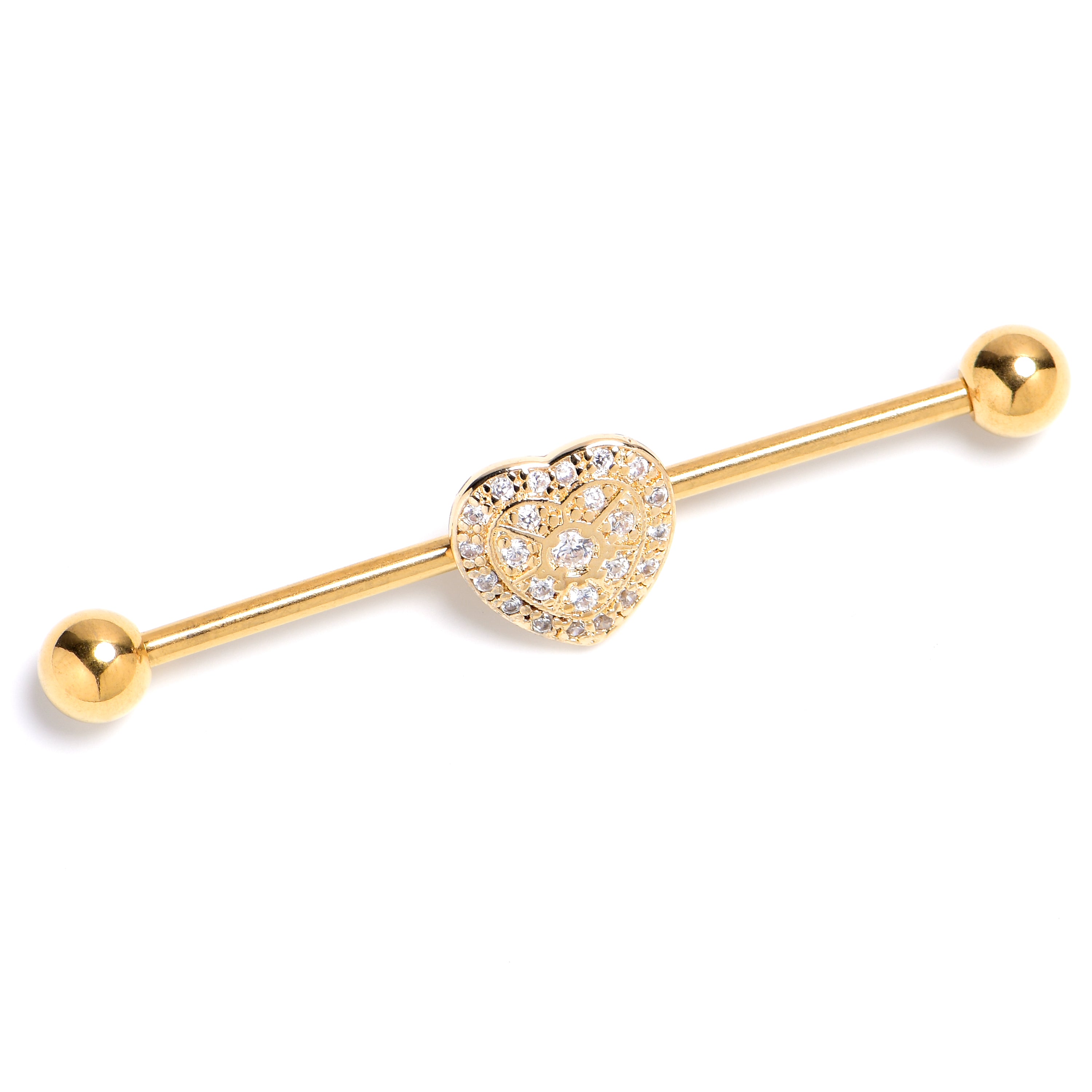 14G Clear Gem Gold Tone Ultra Luxe Heart Industrial Barbell 38mm