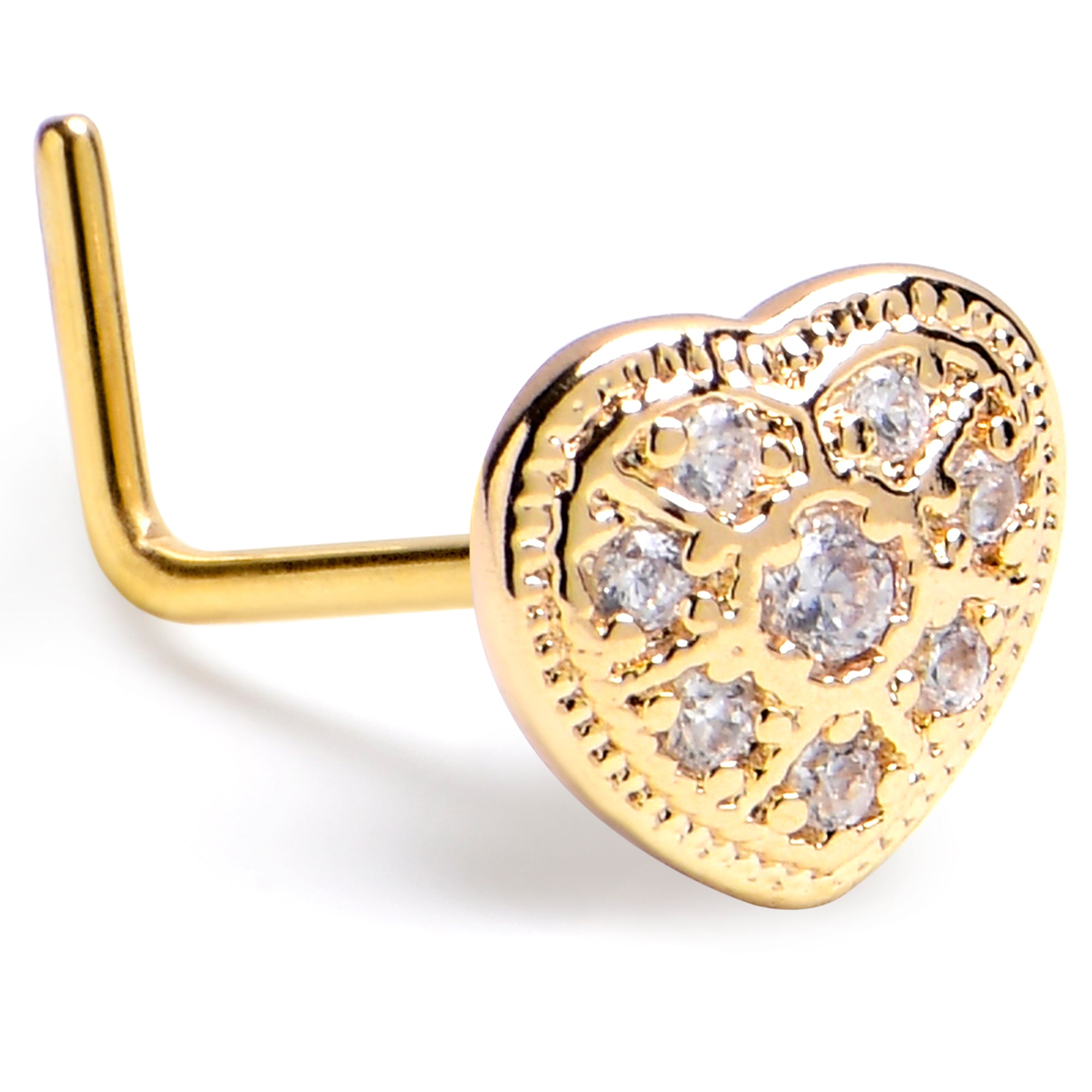 20G 7mm Clear CZ Gem Gold Tone Ultra Luxe Heart L Shape Nose Ring